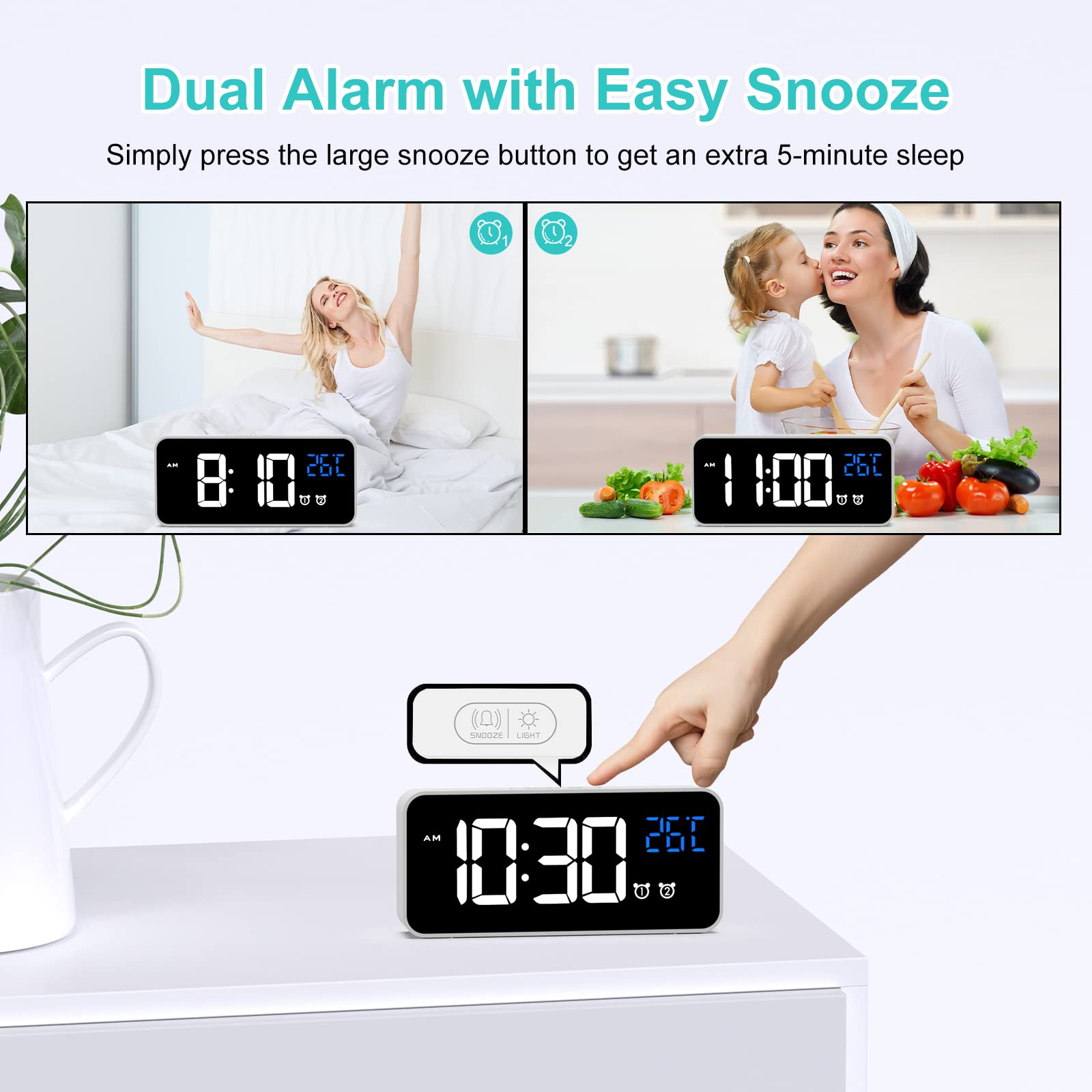 HERMIC Sveglia Digitale, Sveglia da Comodino con Temperatura, Orologio Digitale con 2 Allarme, Snooze, 4 Livelli di Luminosità, Controllo Vocale, USB Ricaricare, Sistema 12/24 Ore (Bianca)