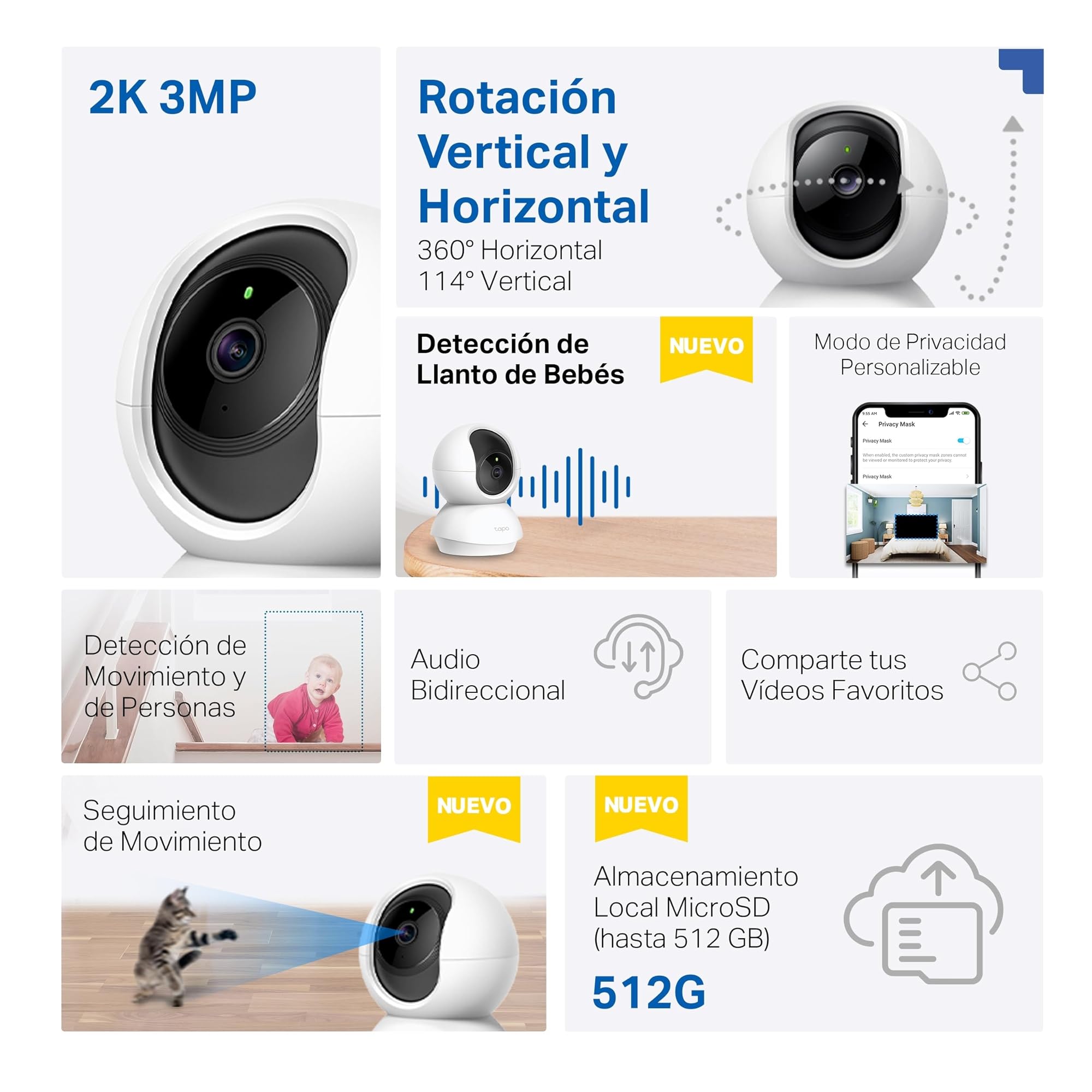 Tapo C21A - Cámara de Vigilancia WiFi Interior 360º, 2K 3MP, Detección IA | Detección Movimiento, Personas y Llanto de Bebé. Visión Nocturna. Alarma Luz y Sonido. Almacenamiento Local o Nube. App Tapo.