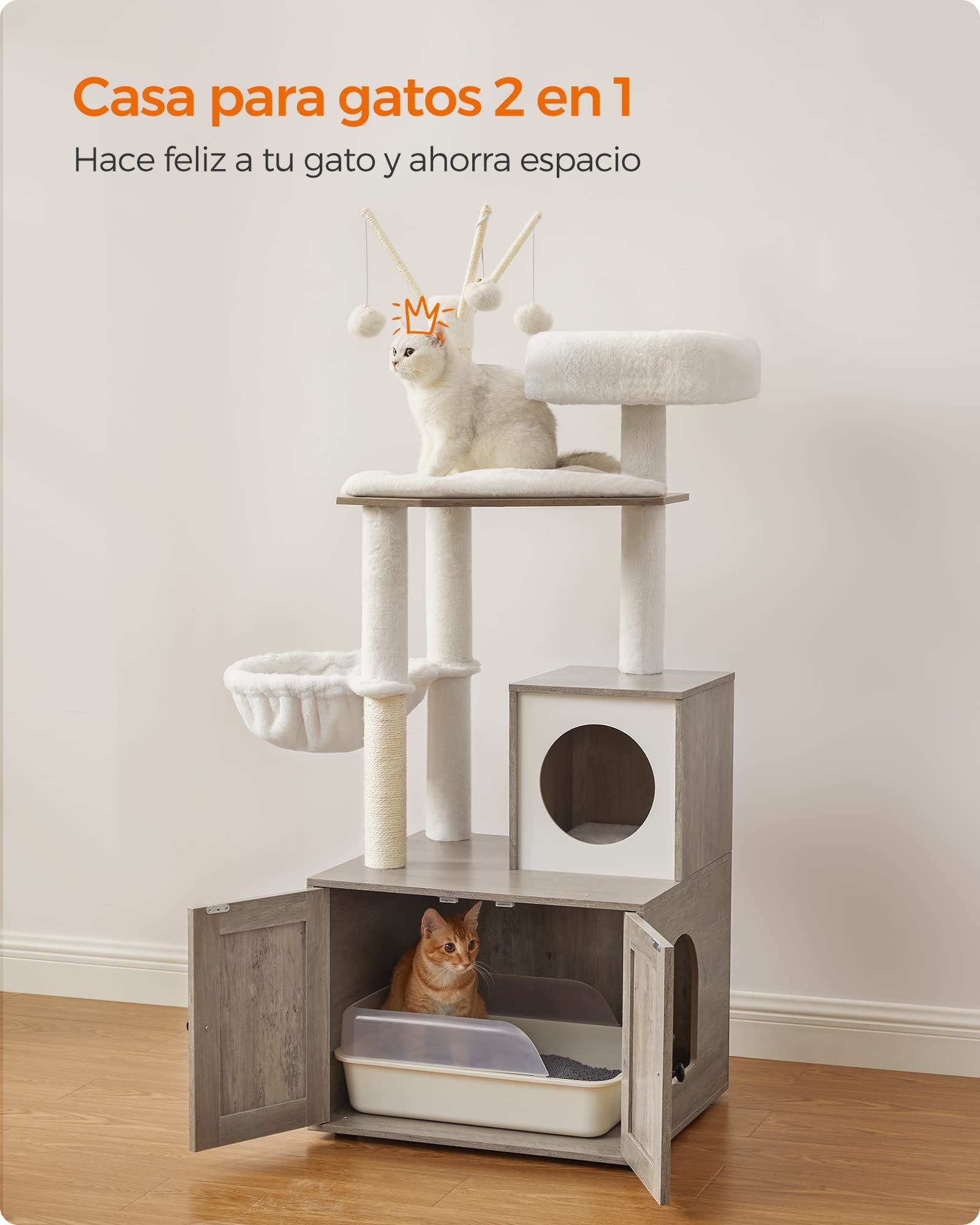 Feandrea Torre Moderna para Gatos 2 en 1, condominio para Gatos con Postes rascadores, Pompones extraíbles, Cojines Lavables, Color Gris PCT113G01