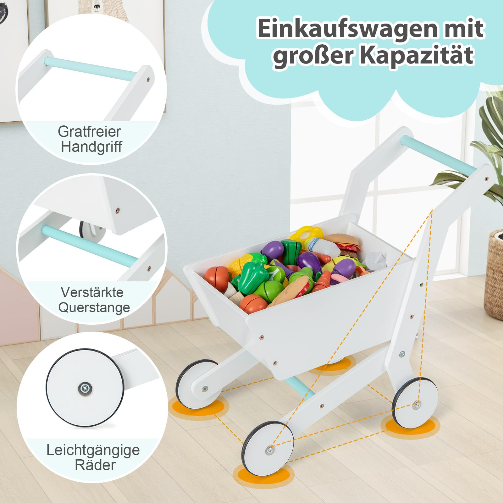 COSTWAY Kaufladen Kinder mit Einkaufswagen, Einkaufsladen Holz mit Kasse & 39 Zubehör & Tafel & LED-Lichter & Fernbedienung, Supermarkt Spielzeug für Kinder ab 3 Jahren
