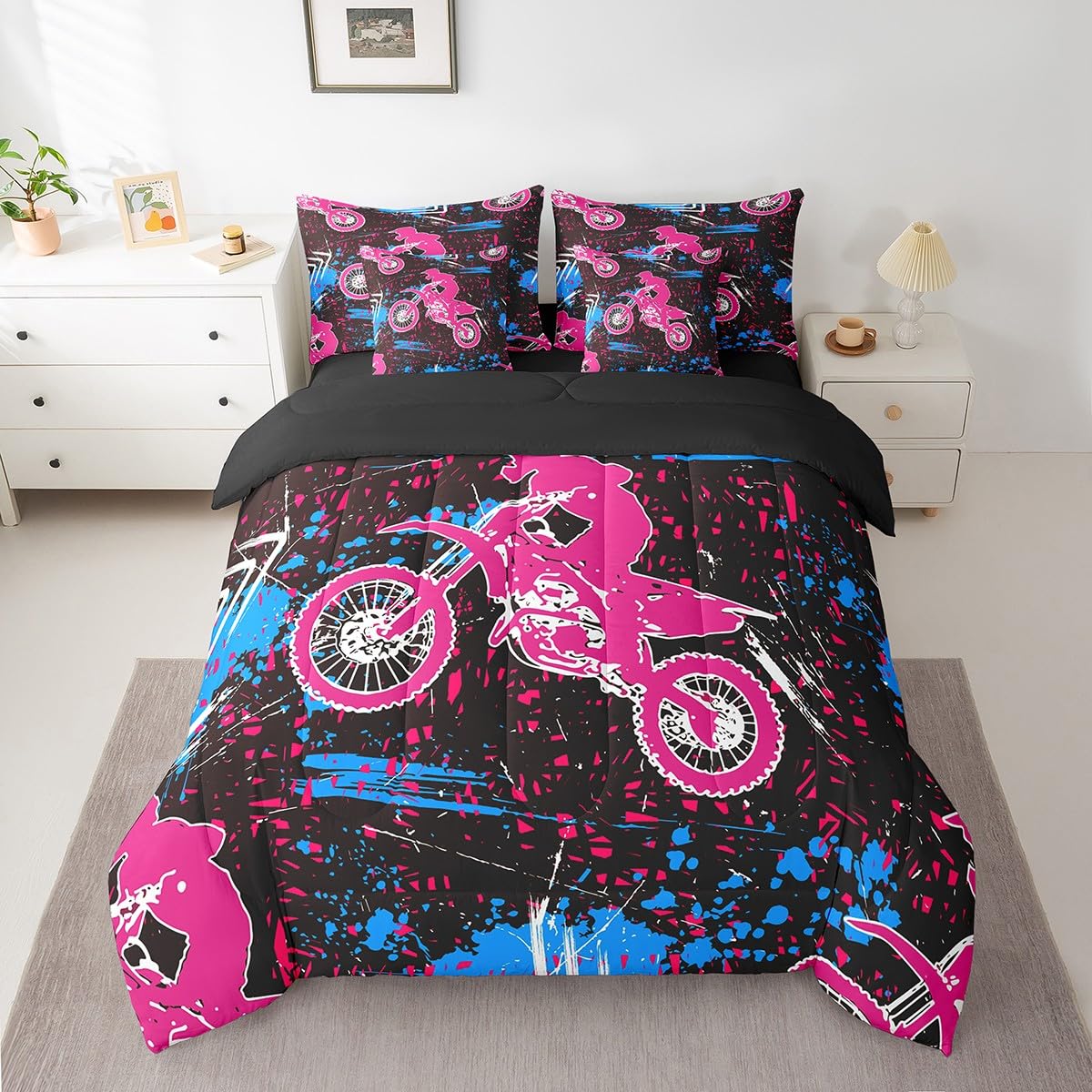 Feelyou Extreme Sports Bed Set Includes Comforter, Sheet Set, Pillowcases & Pillow Covers Set Dirt Bike 7 Pieces Bedding Set, Motorcycle Bed in a Bag, for Racing Motocross Rider Full Size