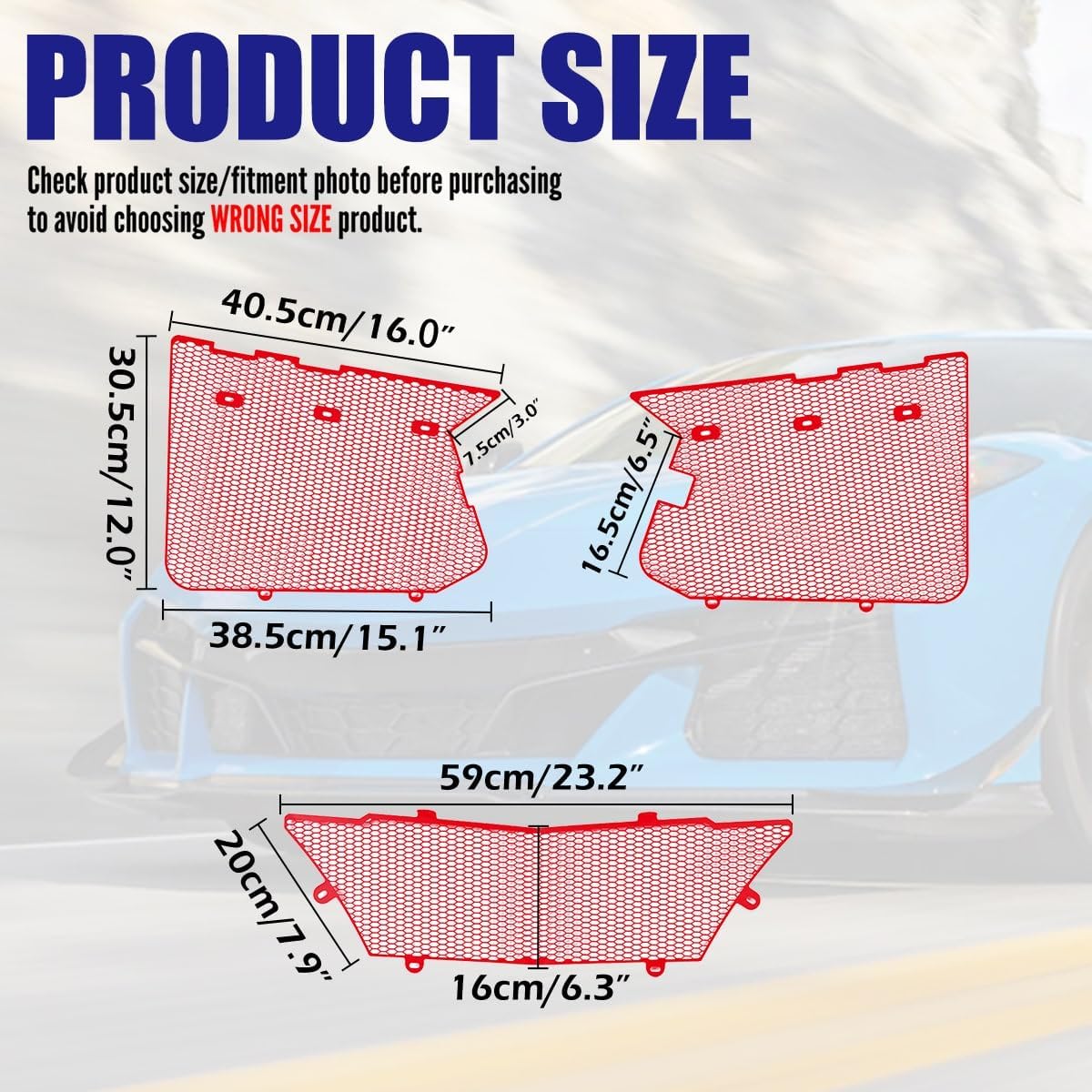 3Pcs Red Upgraded Front Radiator Guards Grille,Aluminum Body Bumper OEM Style Front Outer Grill Guard Protection Screens Grille Vents Insert Mesh Set for Corvette C8 Z06 2023+/E-Ray 2024+