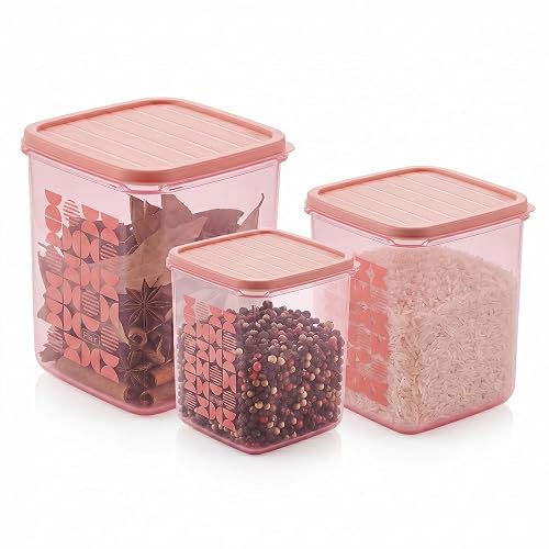 FLAIR Storewell Square Plastic Food Storage Container Set, Airtight Kitchen Containers for Rice, Atta & Grains, BPA-Free, Food Grade Storage Boxes (Pink, Set of 3 (2L, 3L, 4L))