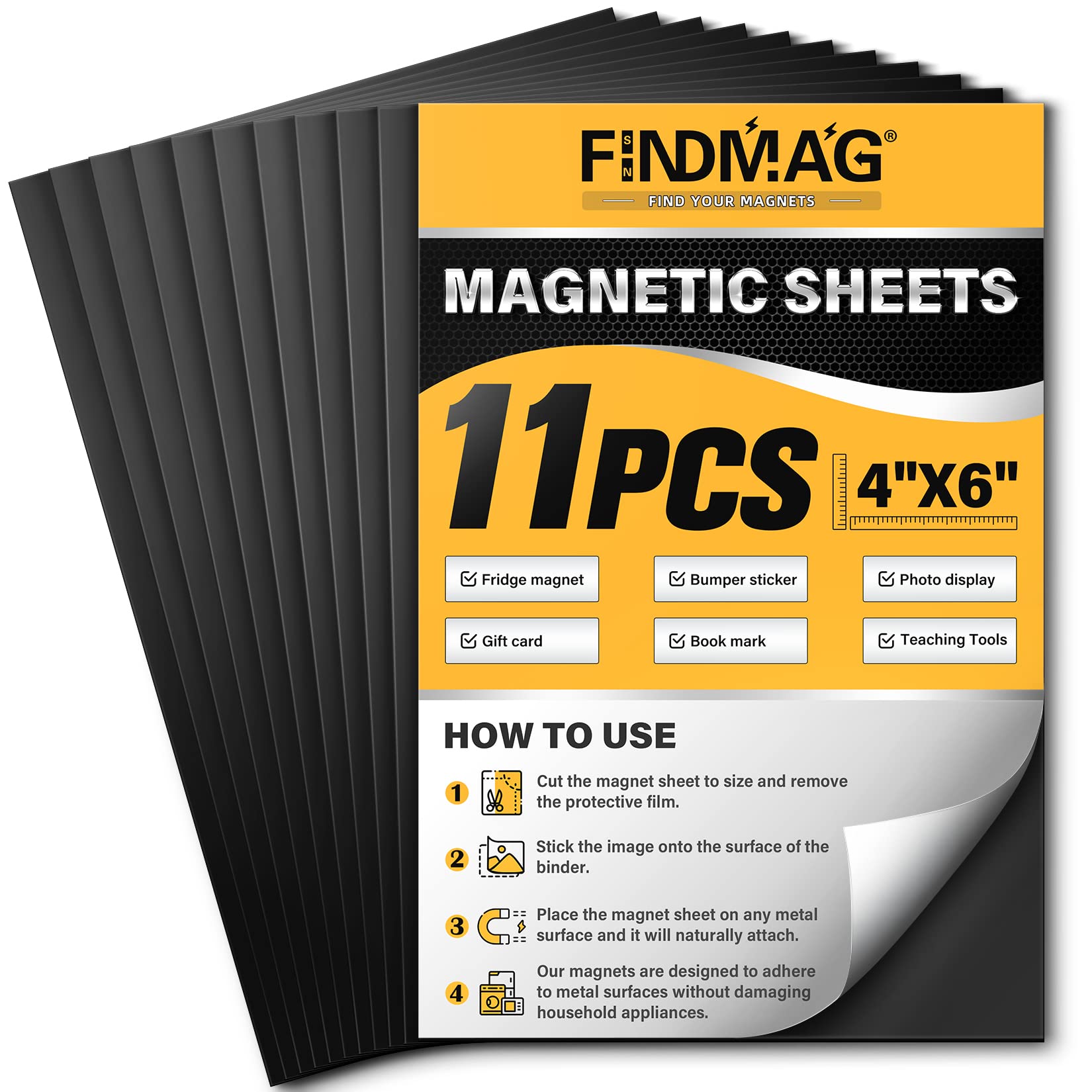 FINDMAG Magnetic Sheets, 11 Pack, 4" x 6" Magnet Sheets with Adhesive Backing, Cut and Customize Flexible Self Adhesive Magnetic Sheets for Picture, Photo, Craft and DIY