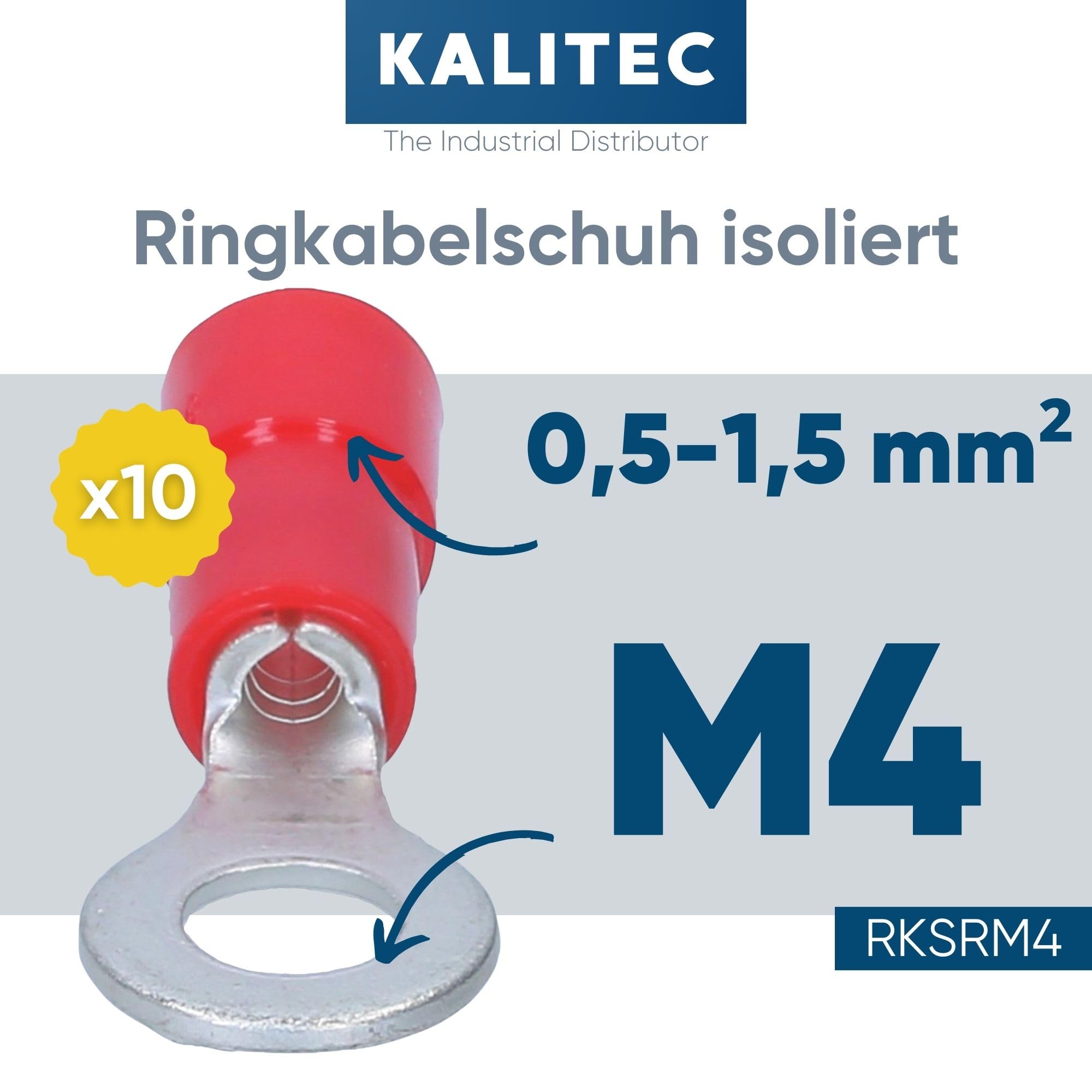 Pack of 10 Kalitec RKSRM4 Ring Cable Lugs 0.5-1 mm² I Partially Insulated M4 Red I Copper I PVC Collar I for Connecting Cables or Strands I Cable Lug I Cable Connector I Protects Electrical - Image 2