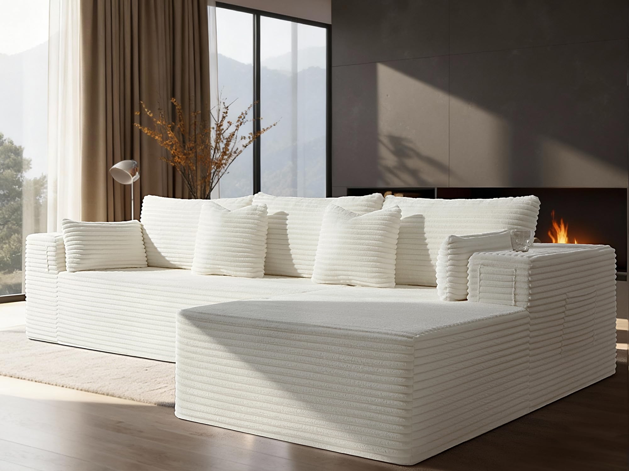 108" Cloud Sectional Couch, Comfort L Shaped Boneless Couch for Living Room, Extra Deep Seats No Assembly, Minimalist Modular Sofa, Corduroy (Cream, 2 Seater+Right Facing Chaise)