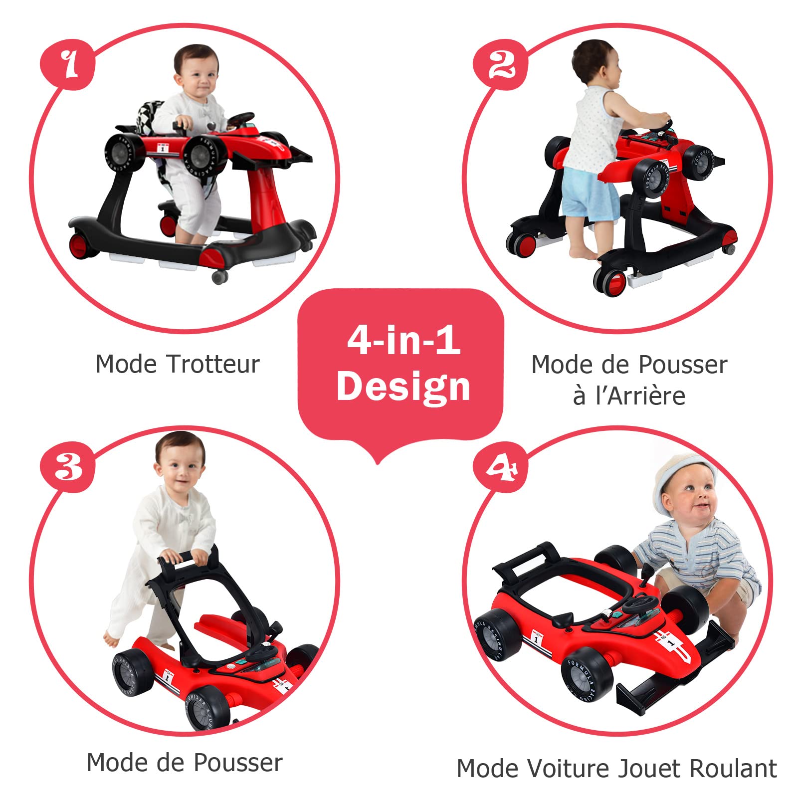 COSTWAY Trotteur Bébé Garçon Pliable 4 en 1 avec 3 Hauteur Réglable, Trotteur Marche Bébé Garçon Évolutif avec Musique & Lumière, Roues Silencieuses, 5 Patins Antidérapants pour 6-18 Mois(Rouge) - 2