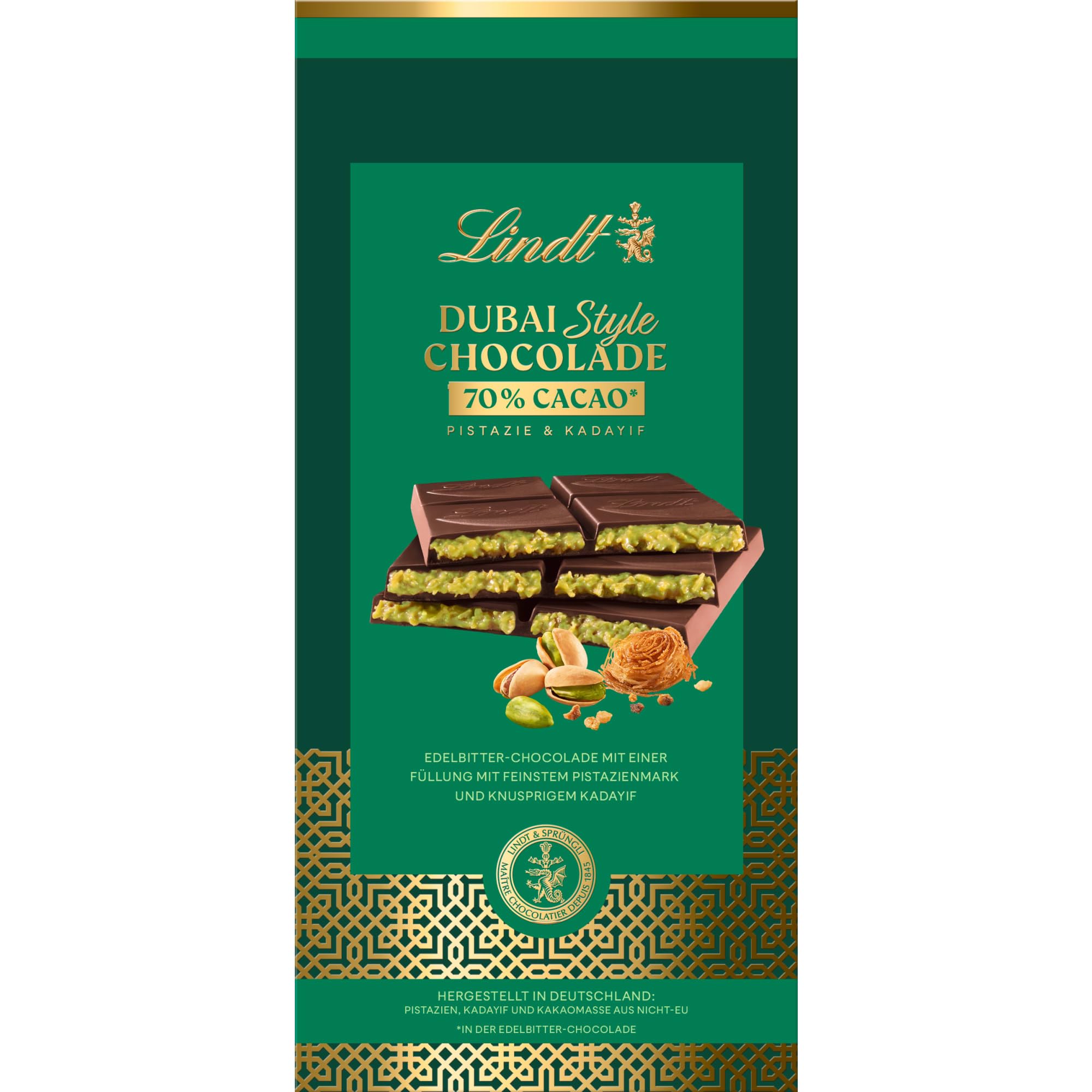 Lindt Schokolade | Dubai Style Chocolade Tafel Dark | 149g | Zartbitter-Schokolade mit einzigartiger Füllung aus Pistazien-Creme und knusprigem Kadayif | Schokoladen-Tafel