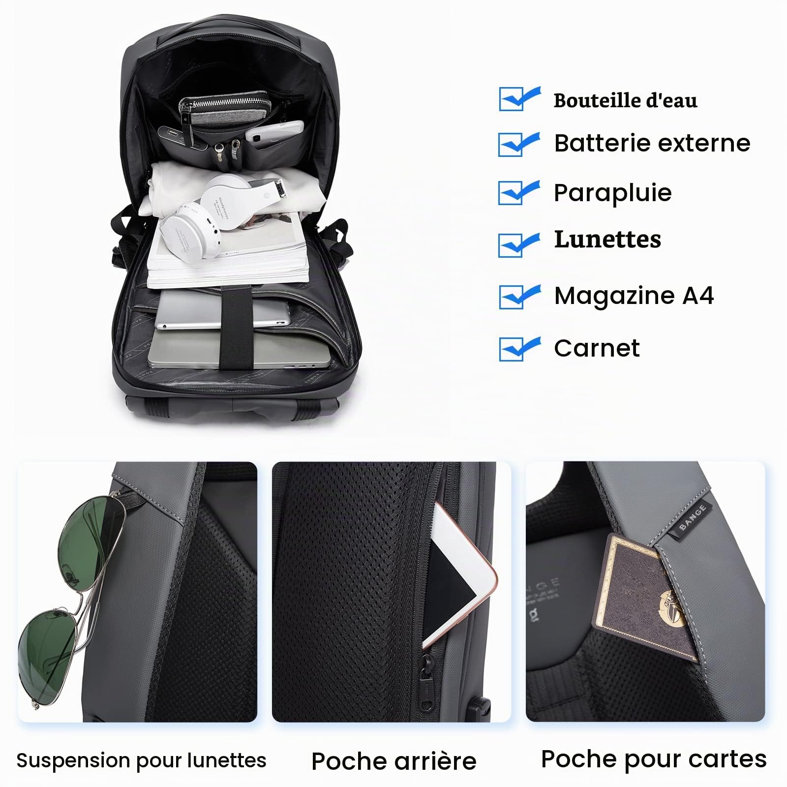 FANDARE Antivol Sac à Dos Ordinateur Portable 15.6 Pouces Homme Femme Sac a Dos avec USB Sac à Dos d'affaires Imperméable Sac à Dos de Voyage d'affaires Scolaire Sac d'école Noir