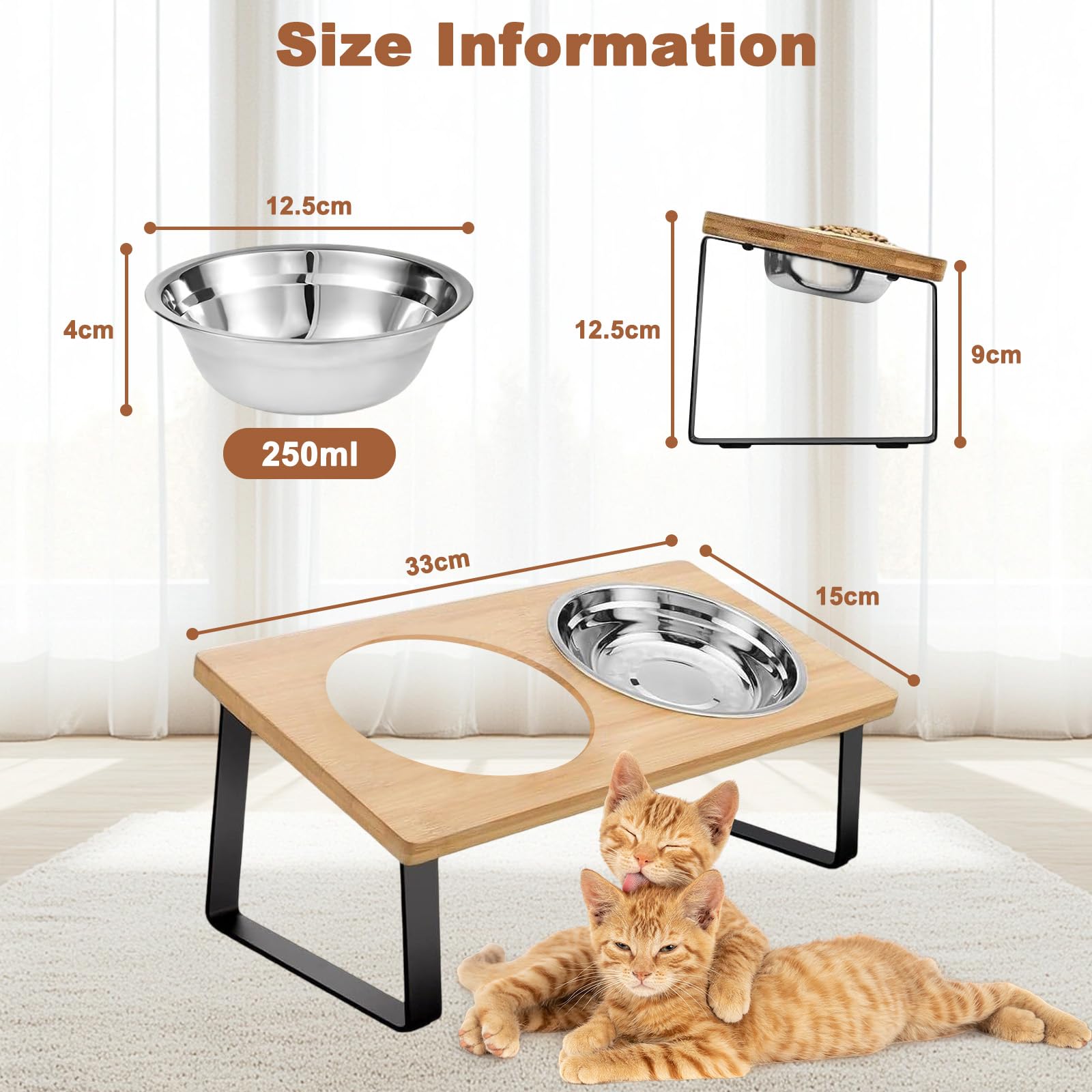 Comedero Gato Elevado con Soporte Bambú & Antideslizante Alfombrilla, Cuencos Perro 250ml Acero Inoxidable Dos, Soporte Madera Inclinado 15º, Comederos para Gatos y Perros Pequeños