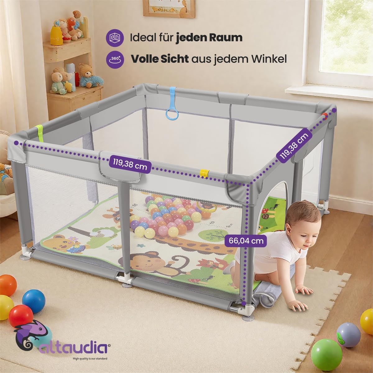 Baby-Laufstall 120 x 120 cm + Baby-Teppich + 50 Bälle + Transporttaschen – Baby-Laufstall mit atmungsaktivem Netz – Lustiger Spielplatz für Babys – Grau