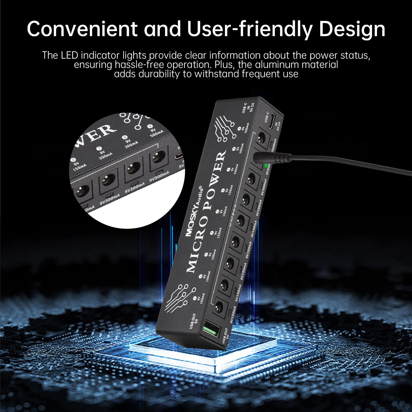 Btuty Alimentatore per Chitarra Ricarica di Strumenti Musicali A 10 Canali con Protezione da Cortocircuito Indipendente Indicatore LED 9 Uscite Dc E 1 Uscita USB per Effetti A Pedale Chitarra Altri