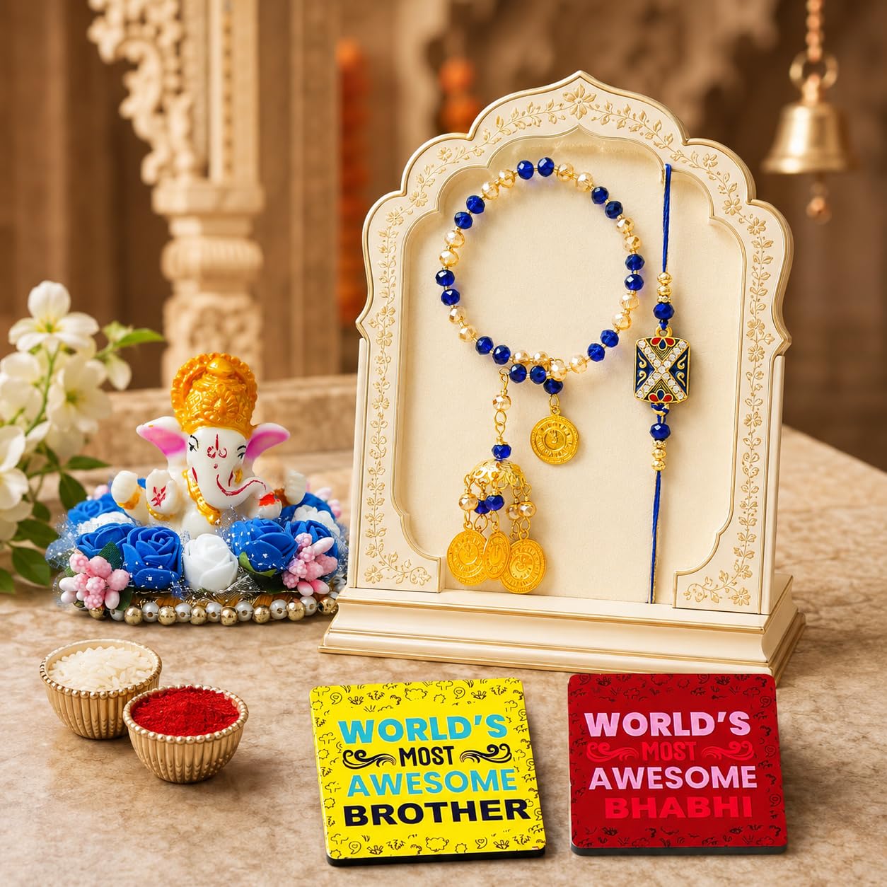 Dreamica Designer Bhaiya Bhabhi Rakhi Set, Lord Ganesha Idol Showpiece, Fridge Magnet, Greeting Card and Tilak Set | Best Rakhi Gift for Brother