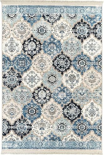 Miniatura 2 de Alfombra de área de 5 x 7, alfombra ultra fina, bohemia, azul y crema, antideslizante, lavable a máquina