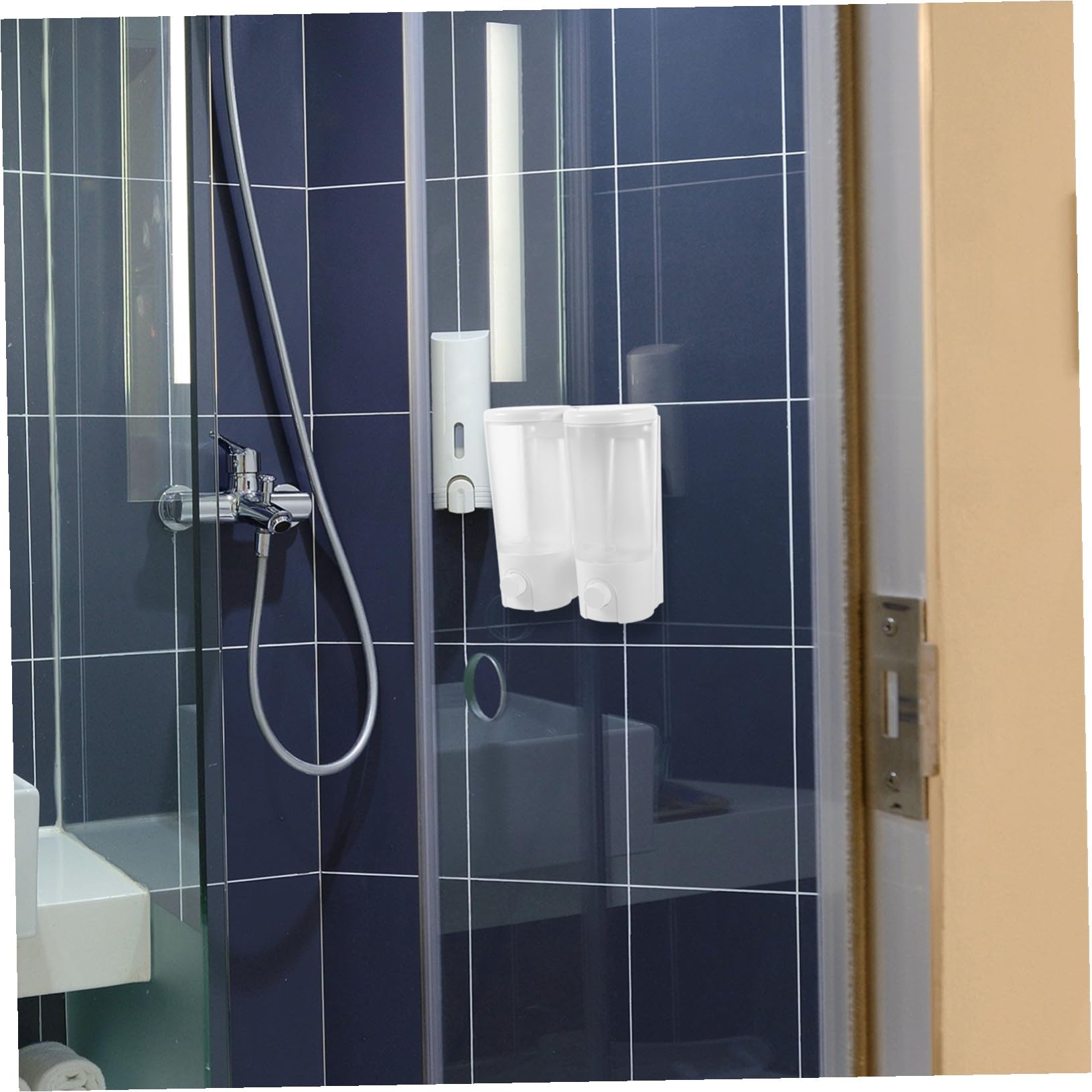 VILLCASE Dispensador de Jabón para Pared sin Taladro Doble Botella para Champú y Acondicionador Montaje Mural Práctico y Resistente para Baño y Ducha Instalación Fácil y Ahorro de Espacio