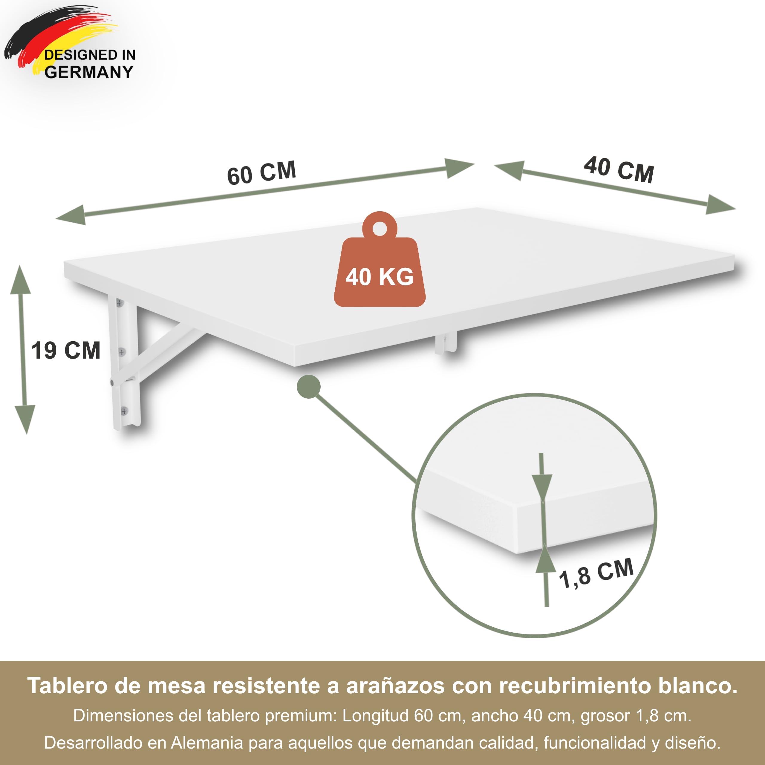 KDR Mesa Plegable de Pared 60 x 40 cm Blanco – Mesa abatible Multifuncional Ahorra Espacio, Escritorio Plegable o Mesa de Comedor para Cocina, Oficina o Estudio