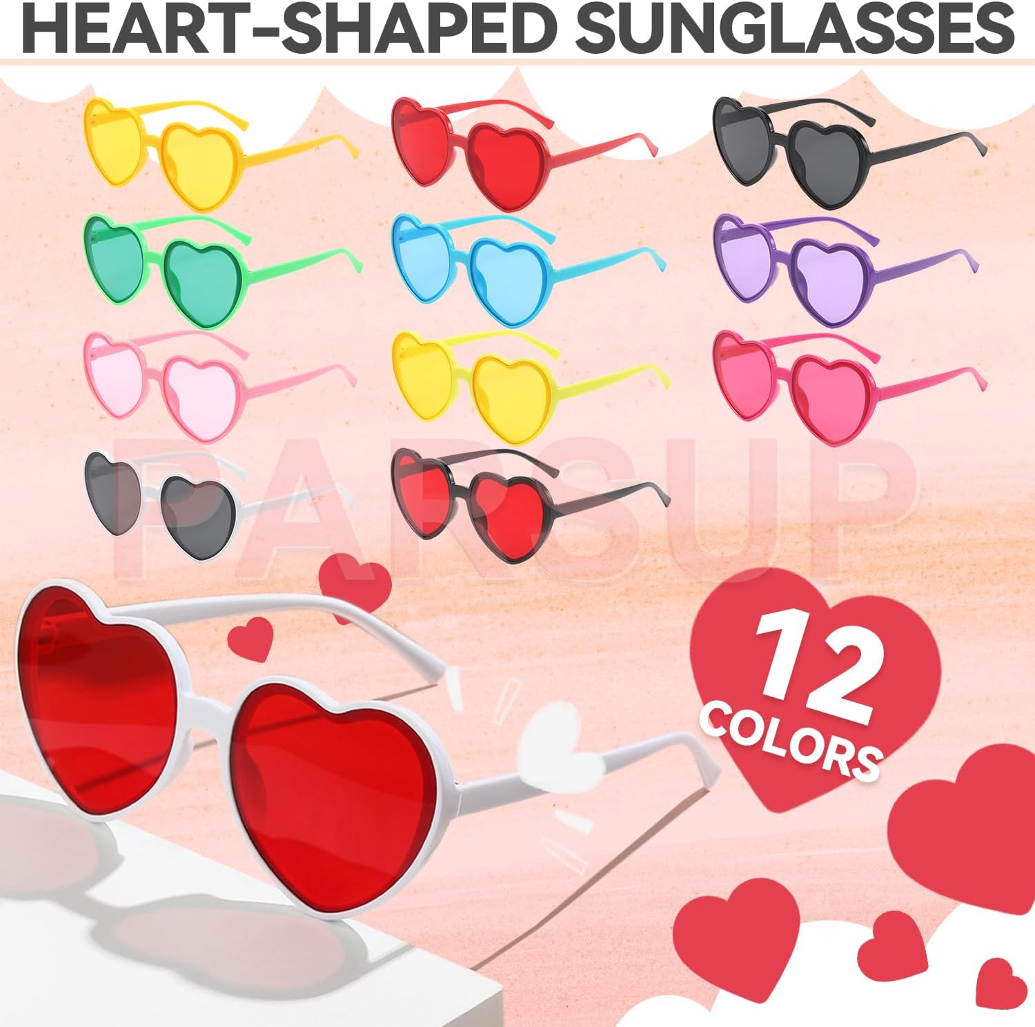 PARSUP 12 Pairs Heart Shaped Glasses Sunglasses Transparent Candy Color Tinted Eyewear Bachelorette Hen Do Wedding Night Bridal Shower Party Favors Photo Booth Props,12 Combination of Colors - Image 2