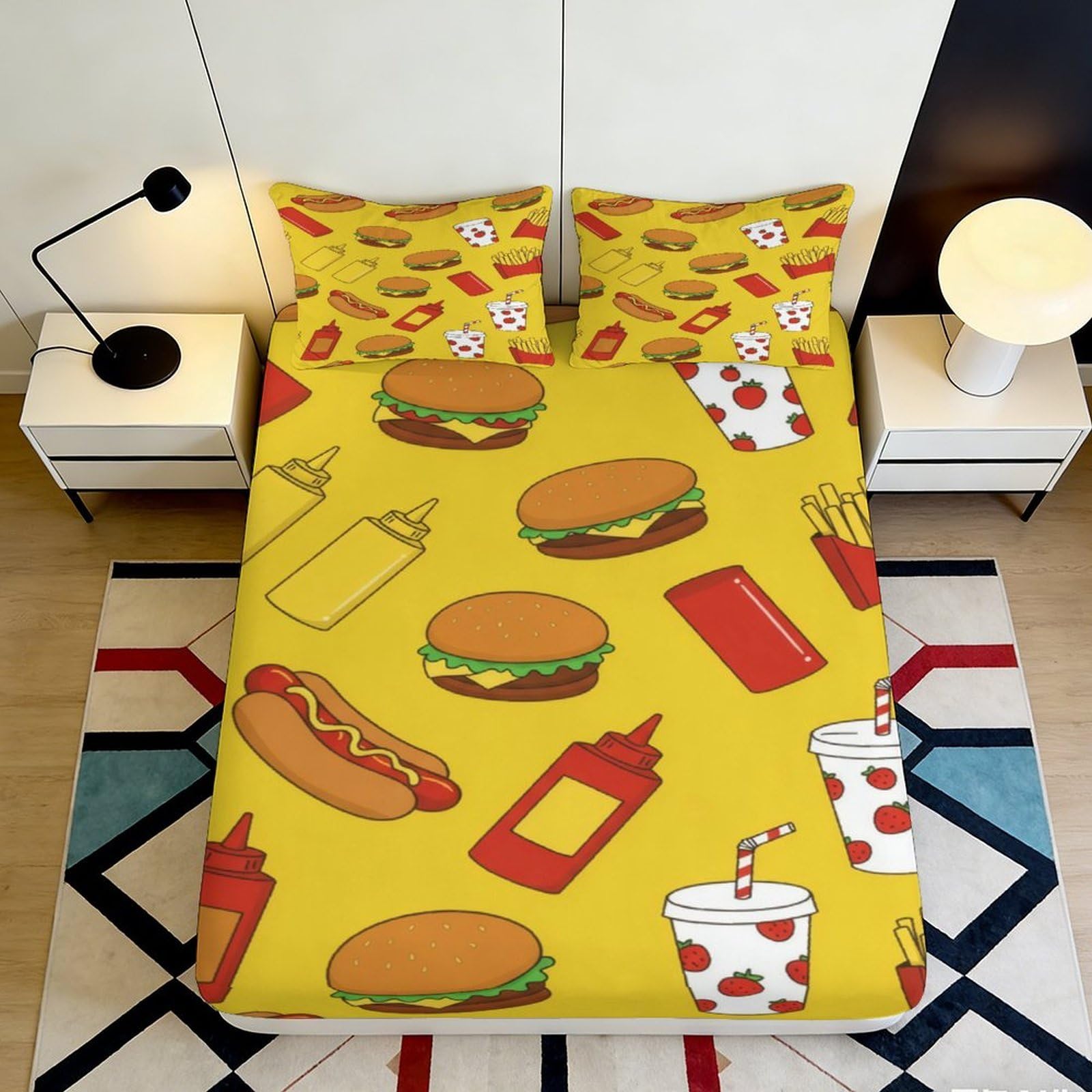 3D Printed Fast Food Cartoon Fitted Sheet Microfiber Soft Yellow Burger Drink Bed Cover for Bedroom Dorm Decor 90x200x25cm