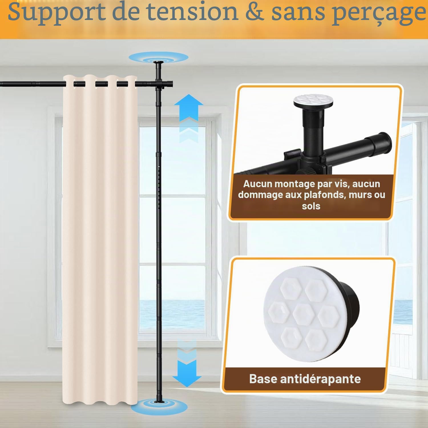 Tringles à rideaux indépendantes sans rideau - Séparateur de pièce sans perçage - Brise-vue pour chambre à coucher - 122 à 320 cm (H x l) - 70 à 355 cm (l x L) - Noir