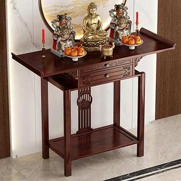 Altar Table with Drawer and Shelf,Buddhist Shrine Cabinet for Home Temple Display,Meditation Storage Table with Vintage Finish,Wooden Spiritual Centerpiece fo Simple Style L80xW40cm/31.5x15in
