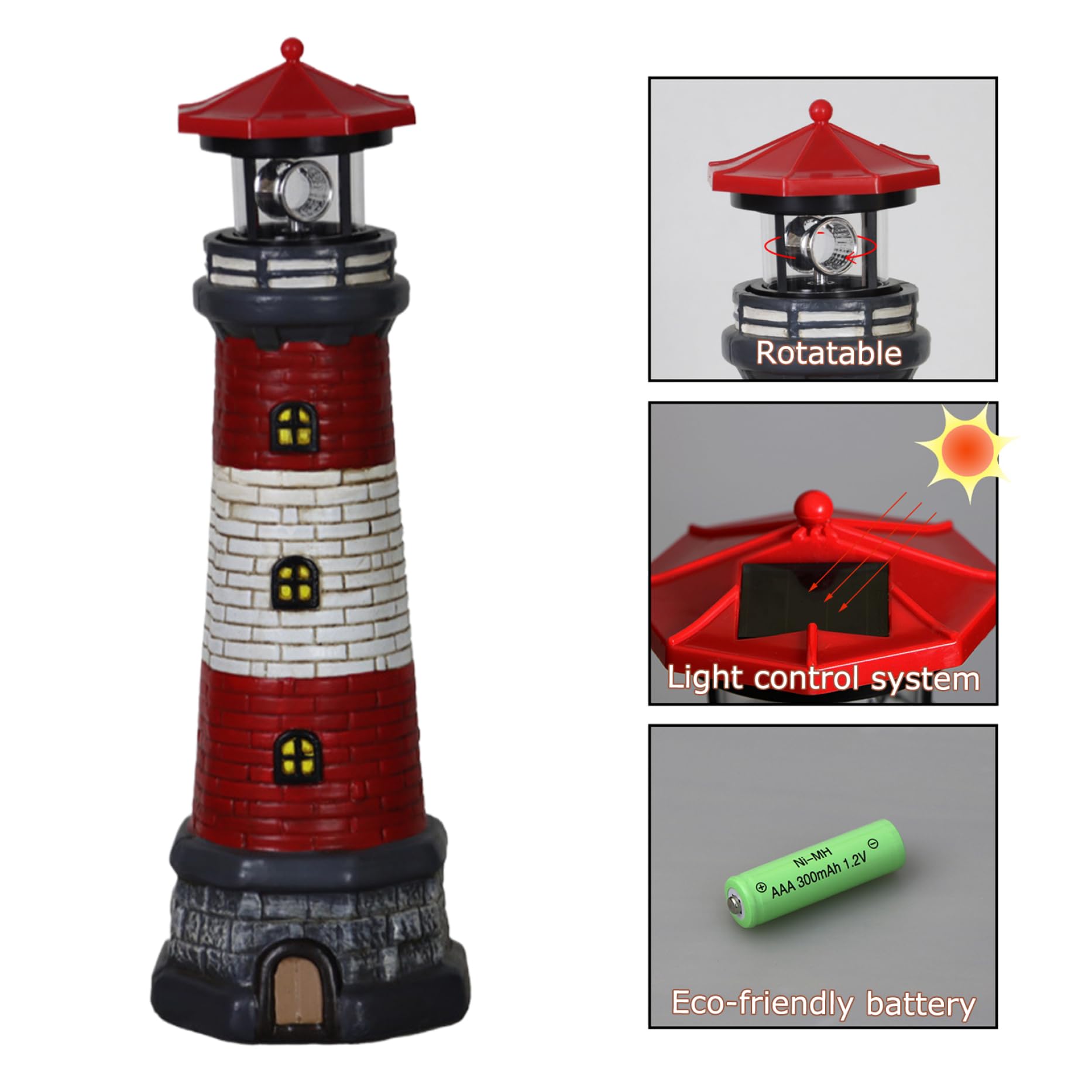 Lighthouse solar con luces LED de baliza giratoria, lámpara de faro, decoración de luces de césped impermeables, luces solares giratorias automáticas para patio, patio, tierra, decoración de mesa/4.7