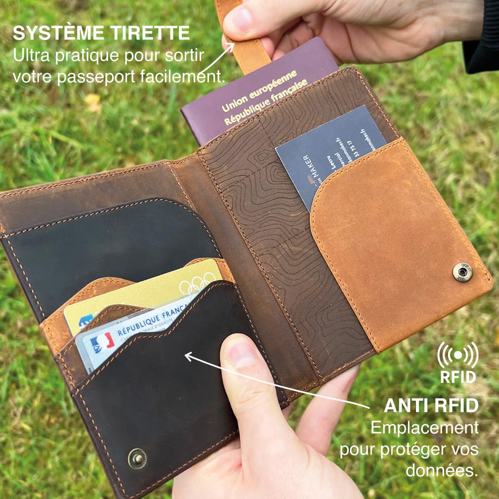 Alaskan MAKER - Passport Schutz aus Vollnarbenleder – Aufbewahrung von Reisepass, Karten & Dokumenten – RFID-Schutz – praktischer Pull-Out-Reißverschluss – Topographische Verarbeitung – kompakt und