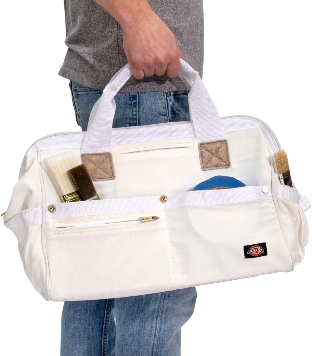 Dickies 16-Inch Durable Canvas Work Bag for Painters, Carpenters, and Builders, Heavy-Duty Zipper, Reinforced Handles, Exterior Pockets, White