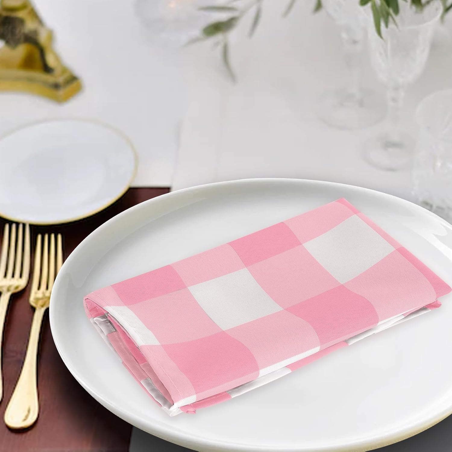 Buffalo Plaid Table Napkins Set of 50 Checkered Cloth Napkins 17x17 inch Washable Dinner Gingham Pattern Napkins Soft Napkins for Wedding Party Dining Banquet(Pink and White)