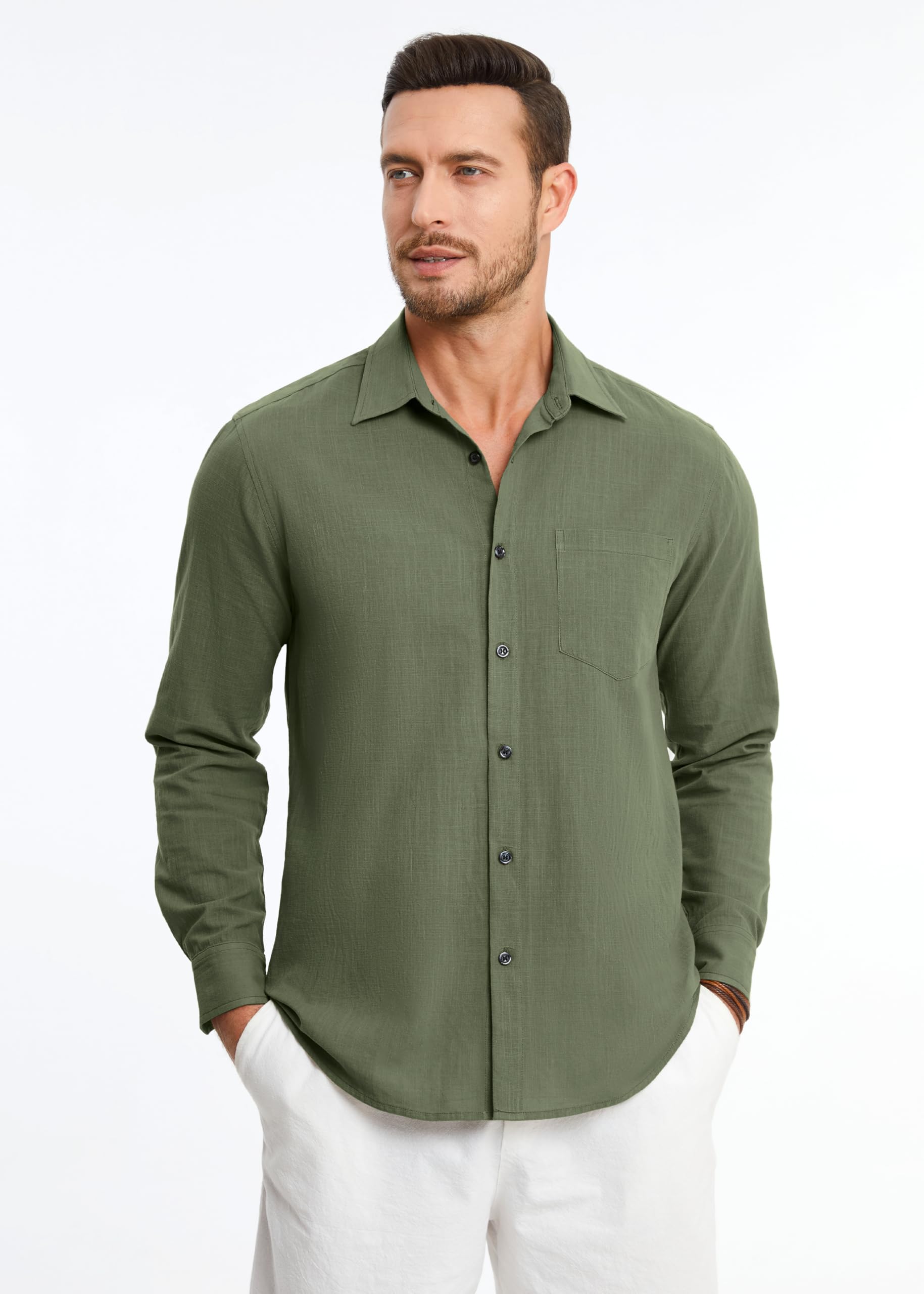 HISDERN Chemises en Lin et Coton pour Homme Manches Longues Décontractée Boutonnées Légères Été Chemise Coupe Régulière de Plage Casual Shirts avec Poche