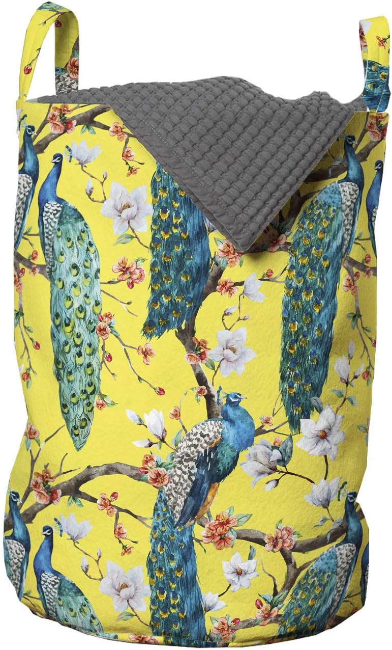 Ambesonne Colorful Laundry Bag, Watercolor Style Peacocks and Long Tails on Flowered Branches, Hamper Basket with Handles Drawstring Closure for Laundromats, 13" x 19", Yellow Multicolor