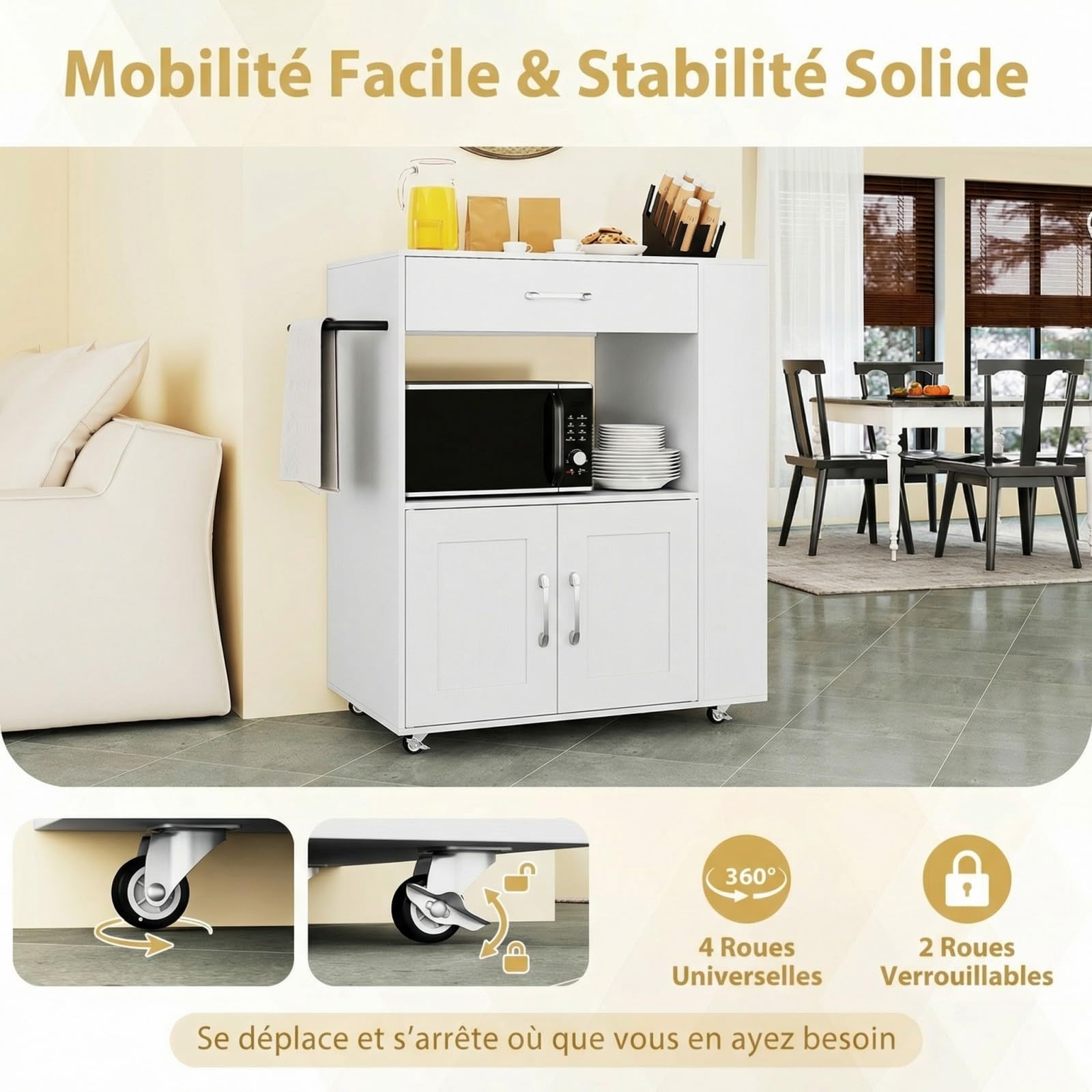 COSTWAY Desserte de Cuisine sur roulettes (2 Verrouillables), îlot de Cuisine avec 3 Support à Épices, Chariot de Service Armoire 1 Tiroir Étagère Ouverte, 46 x 75 x 90,5 cm (Blanc Pur)