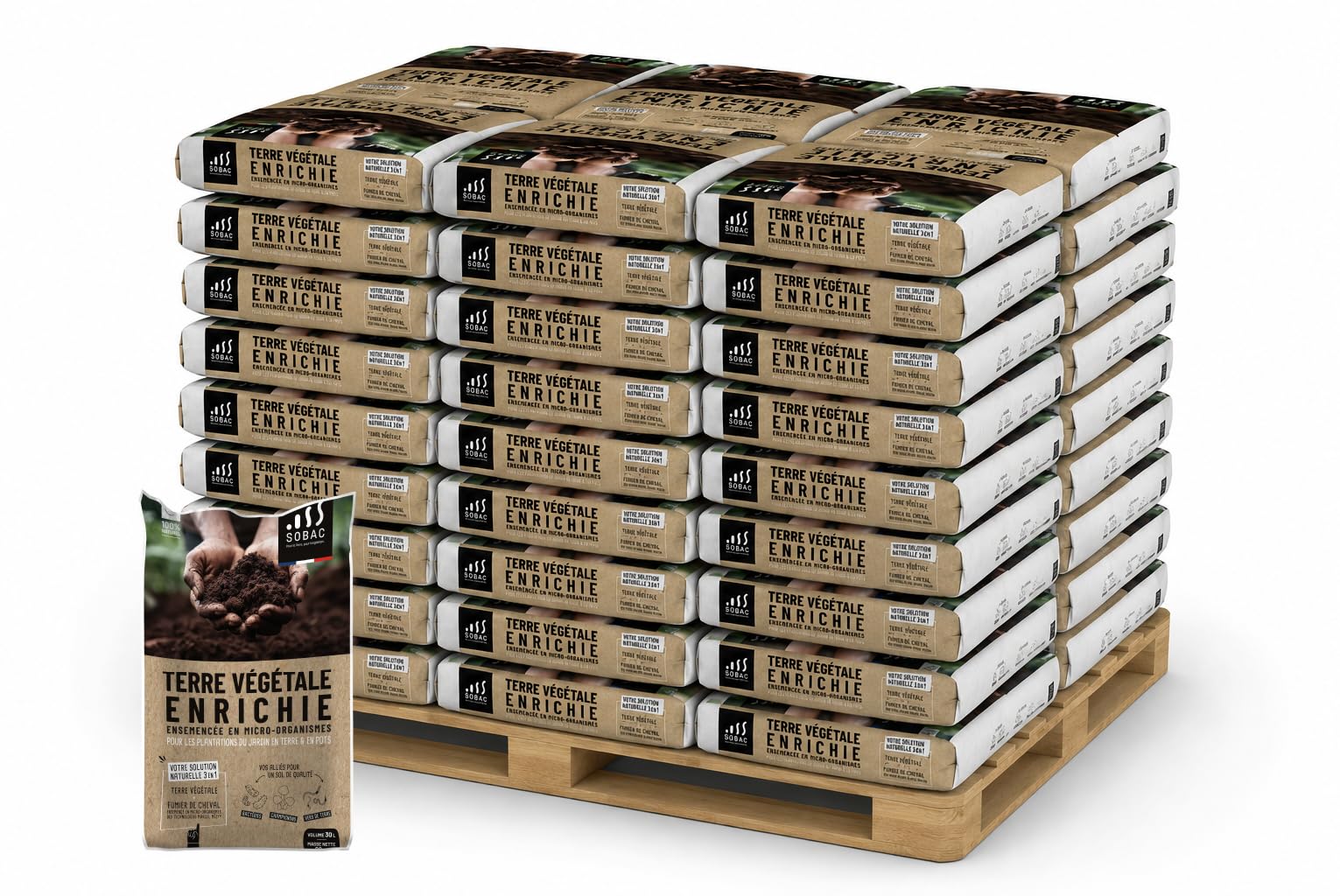 Terre Végétale Enrichie en Micro-Organismes -1 100 kg, 1 650 litres - 55 Sacs de 30L - 100% Naturelle, Fumier de Cheval, pour Potager Fleurs Arbres Arbustes Gazon, UAB