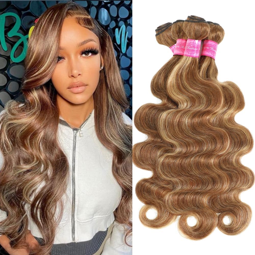 Honey Blonde Ombre Body Wave Bundles Human Hair Highlight Bundles Human Hair 4/27 Colored Body Wave 4 Bundles 24 26 28 30 Inch 100% Unprocessed Virgin Hair Extensions