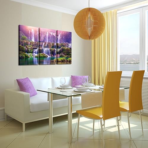 Miniatura 3 de KREATIVE ARTS 3 piezas de lienzo de gran tamaño con forma de cascada pacífica de ensueño, arte de pared, paisaje morado, pintura moderna de