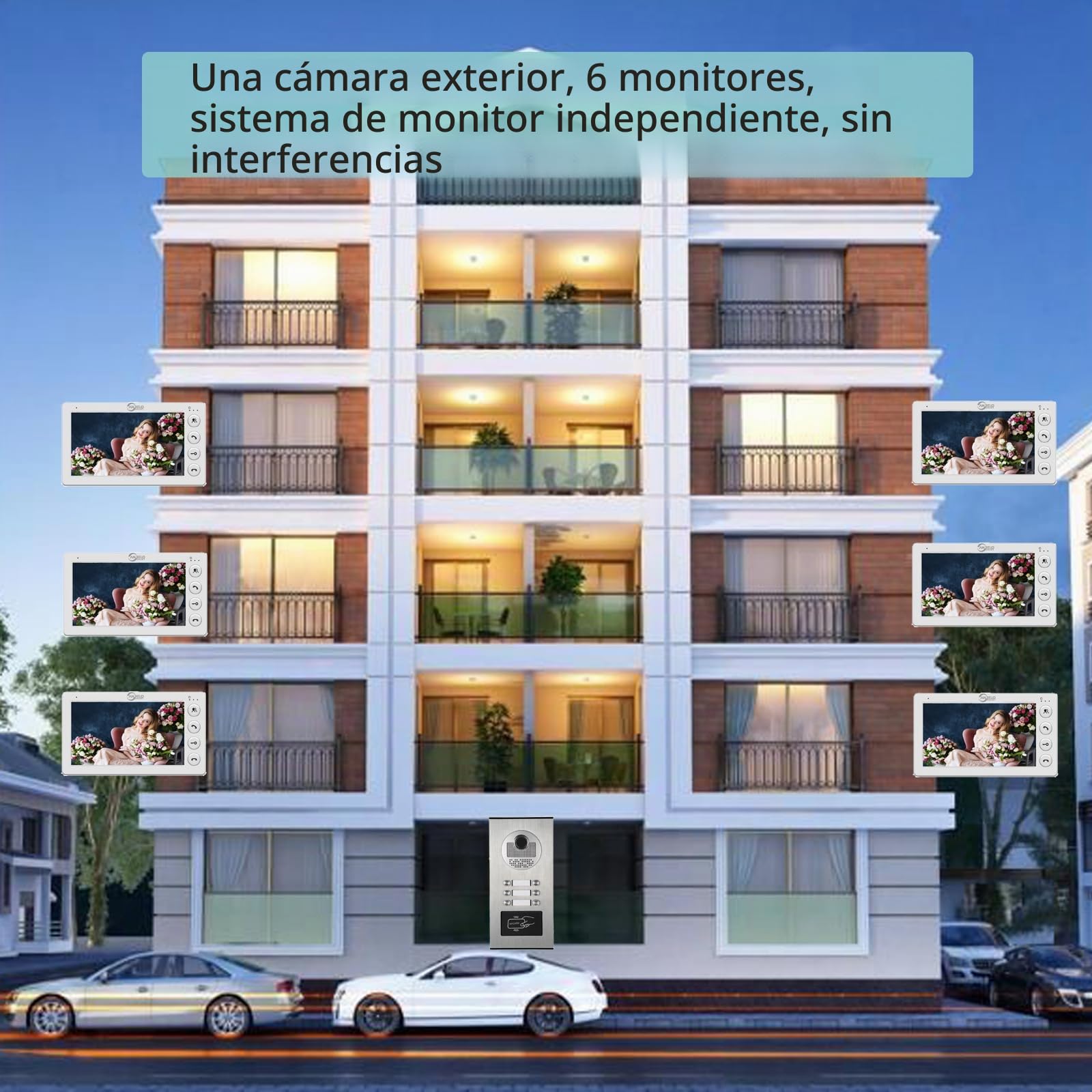 Sistema de intercomunicación de vídeo con cable para apartamentos, 6 unidades de sistema de intercomunicación de vídeo con monitor de 7 pulgadas, timbre de vídeo para interior y exterior, desbloqueo