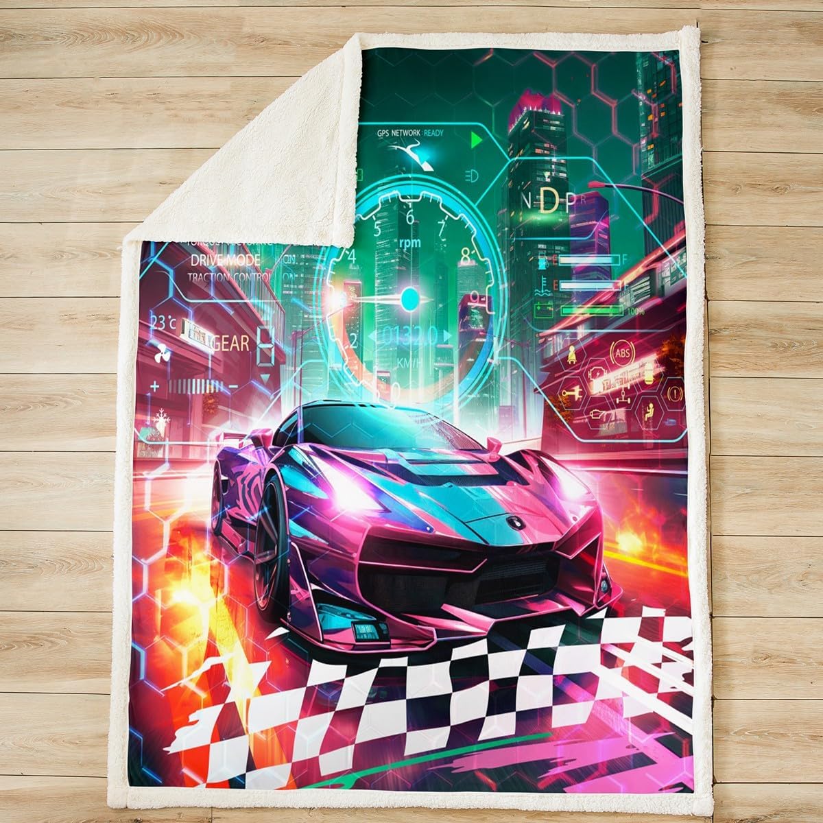Feelyou Boys Pink Race Car Fuzzy Blanket for Sofa Bed Couch Kids Racing Decor Fleece Throw Blanket Extreme Sports Sherpa Blanket for Teens Honeycomb Grid Car Room Decorations, Throw 50x60 Inches