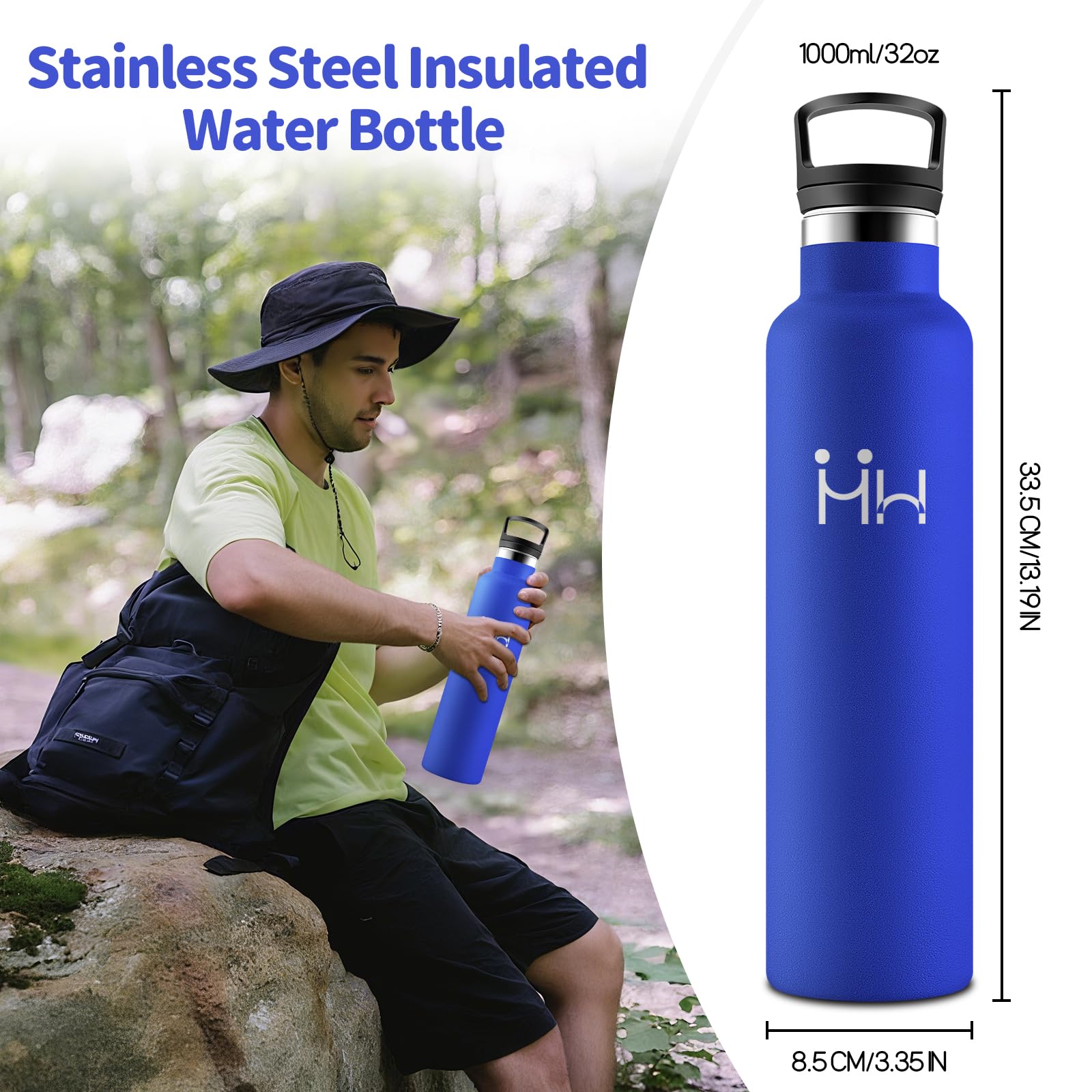 HoneyHolly Borraccia 1 Litro, Senza BPA, Bottiglia Termica, Sottovuoto a Doppia Parete, Borracce Termiche, 18/8 Acciaio Inox, Borraccia Termica con Cannuccia, Termos per Palestra, Sport, Bici