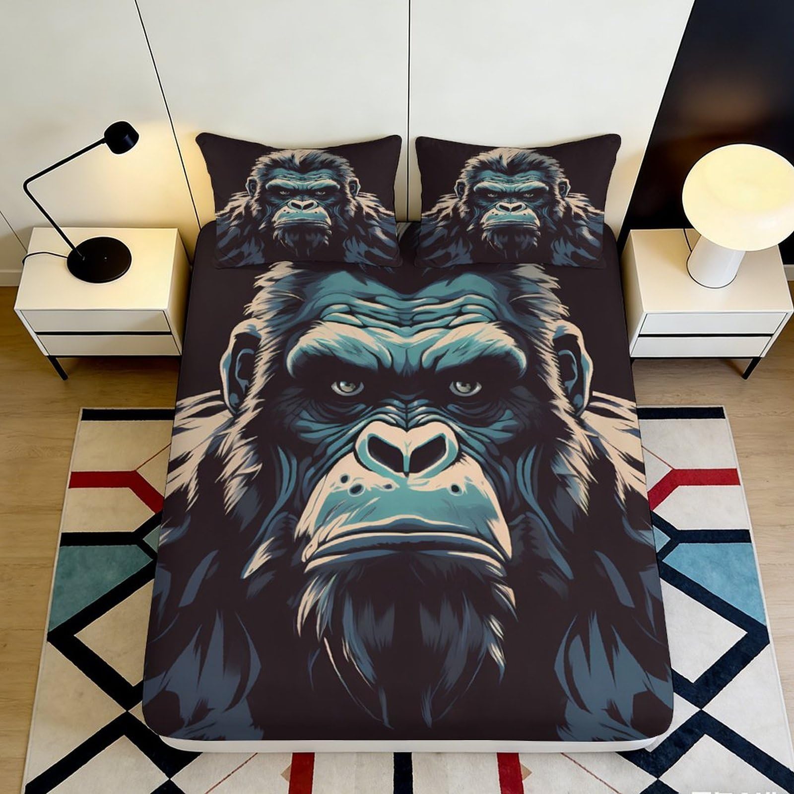 3D Printed Gorilla Face Fitted Sheet Microfiber Black Animal Mattress Cover for Bedroom Guest Room Dorm Decor 90x200x25cm