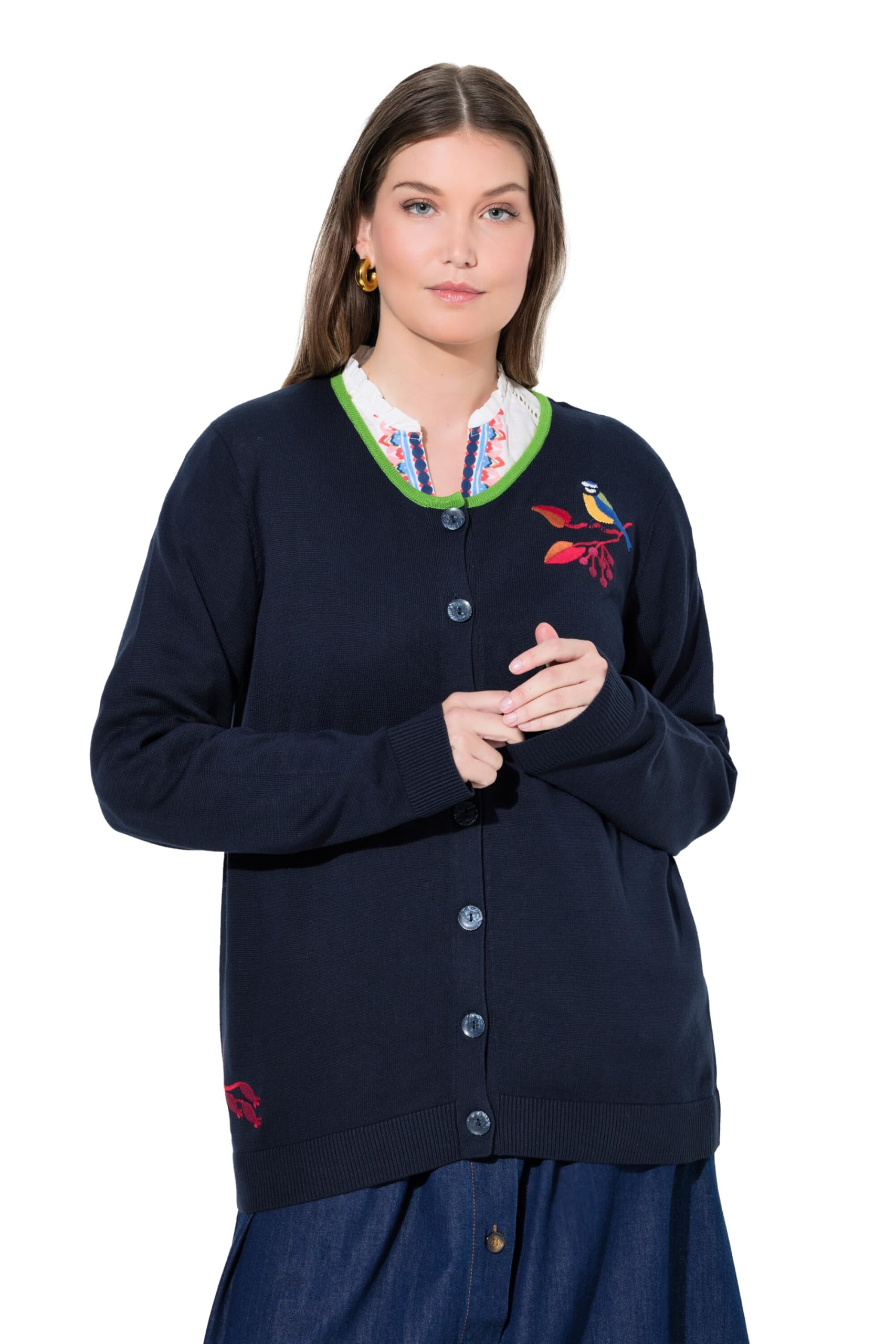 Ulla Popken Damen große Größen Übergrößen Plus Size Strickjacke, Vogel-Stickerei, Rundhals, Langarm 841037