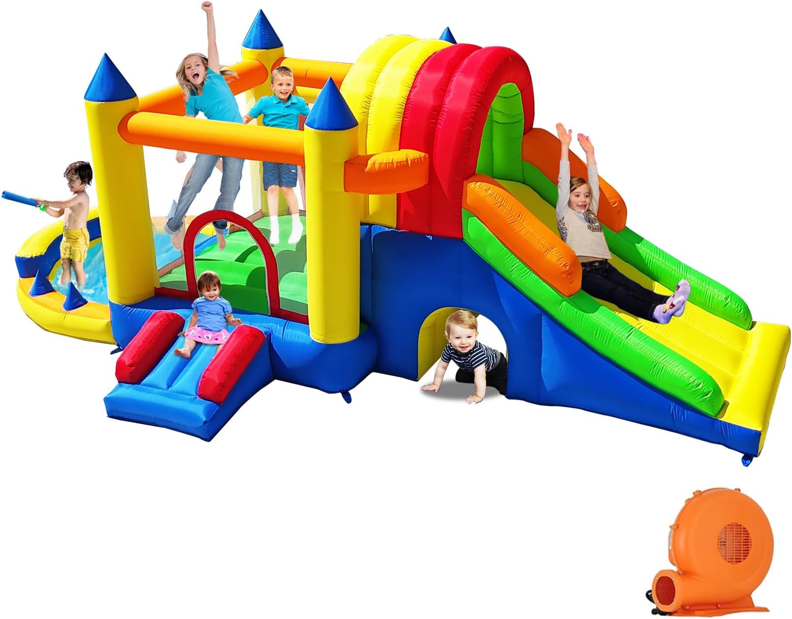 Hongcoral Inflatable Bounce House with Wide Slide, Splash Pool/Ballpit, Secret Crawl Tunnel & Soccer Goal, Multi-Activity Jumping Castle for Toddlers & Big Kids, Outdoor Backyard Playground