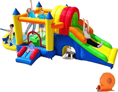 Hongcoral 8 in 1 Bounce House for Kids with Long & Wide Slide, Large Climbing Wall and Ball Pit Water Pool - Backyard Inflatable Playground - Extra Small Slide, Tunnel Adventure and Soccer Goal