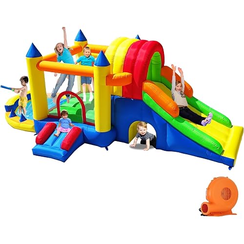 Hongcoral Inflatable Bounce House with Wide Slide, Splash Pool/Ballpit, Secret Crawl Tunnel & Soccer Goal, Multi-Activity Jumping Castle for Toddlers & Big Kids, Outdoor Backyard Playground