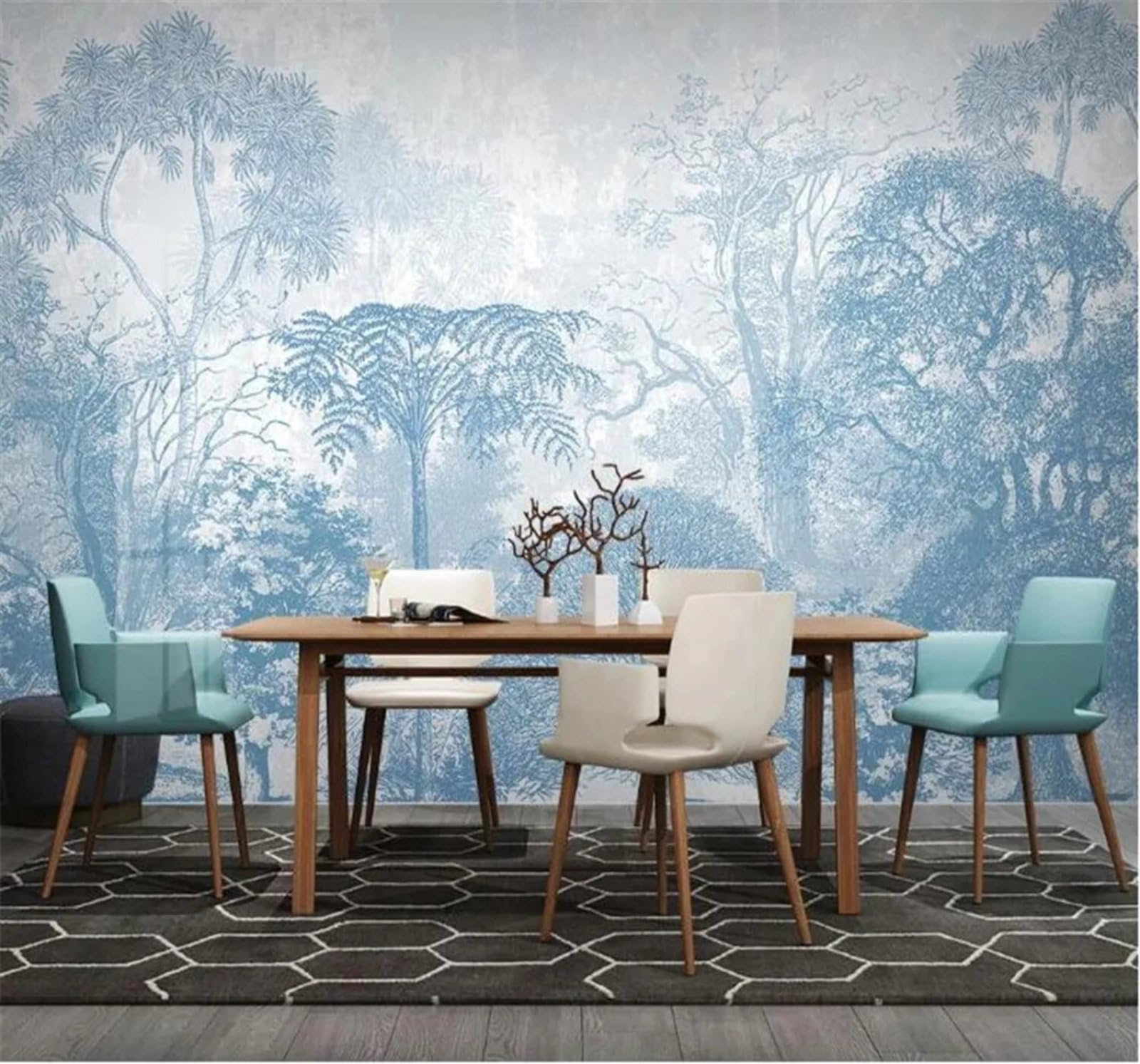 Tzxztt Hand Painted Creative Watercolour Blue Forest Modern 3D Wallpaper Premium Textured Silk Neutral Tones Material Ideal for Living Room Bedroom-430cm×300cm