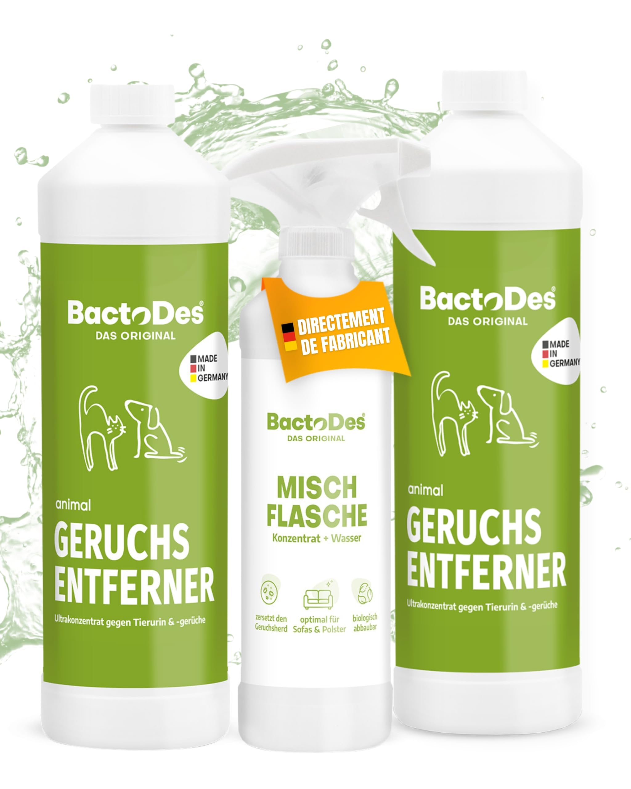 BactoDes - Désodorisant concentré Animaux 2L avec Vaporisateur mélangeur - Spray Chat Anti Pipi Puissant avec Effet microbien Bio - Anti Odeur litiere Chat - Anti Odeur Chien - Elimine Les odeurs