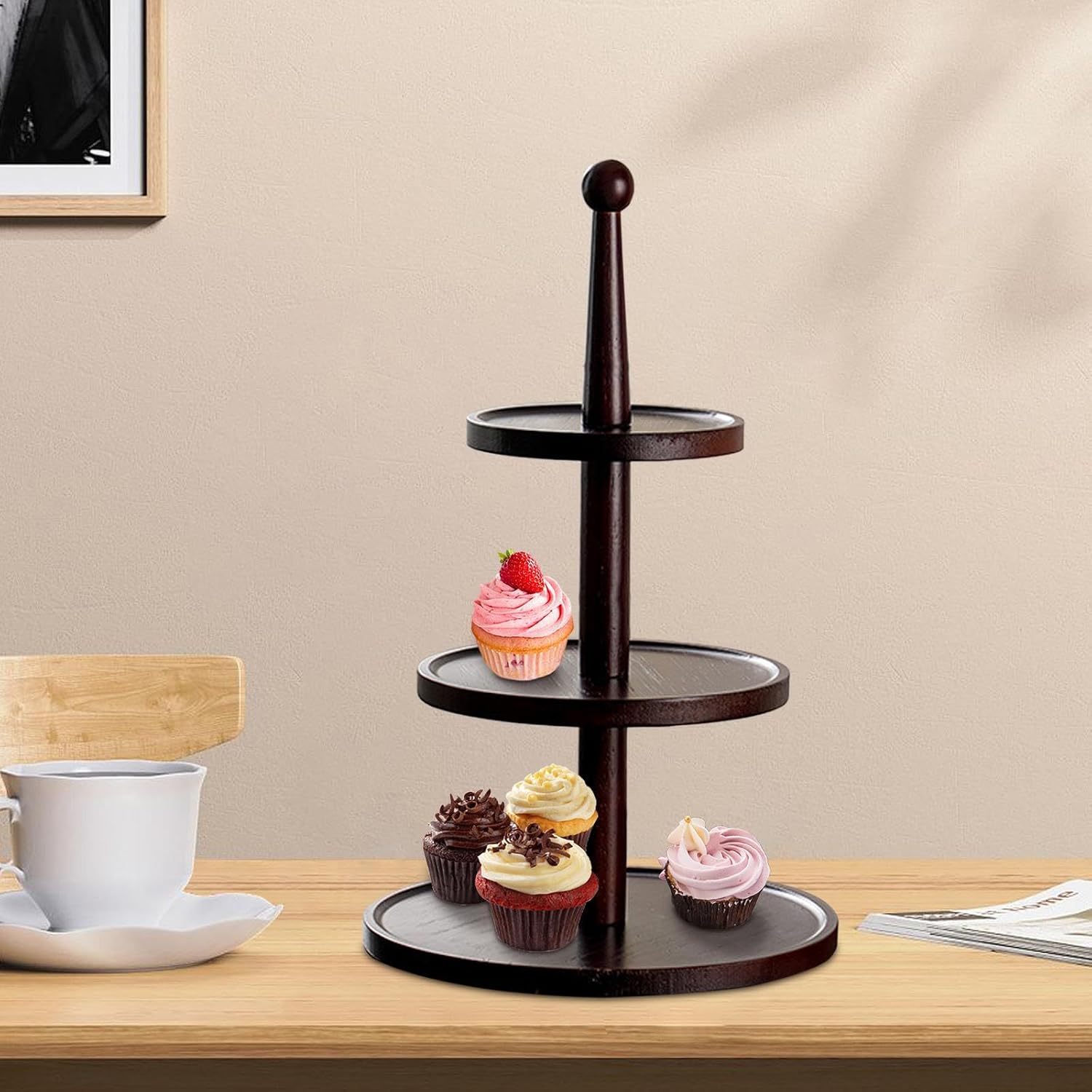 Cupcake Stand Tiered Serving Tray Wooden Cupcake Tower Rack Fruit Plate for Tea Party 3 Tiers Dark Brown(3 Tiers Dark Brown)