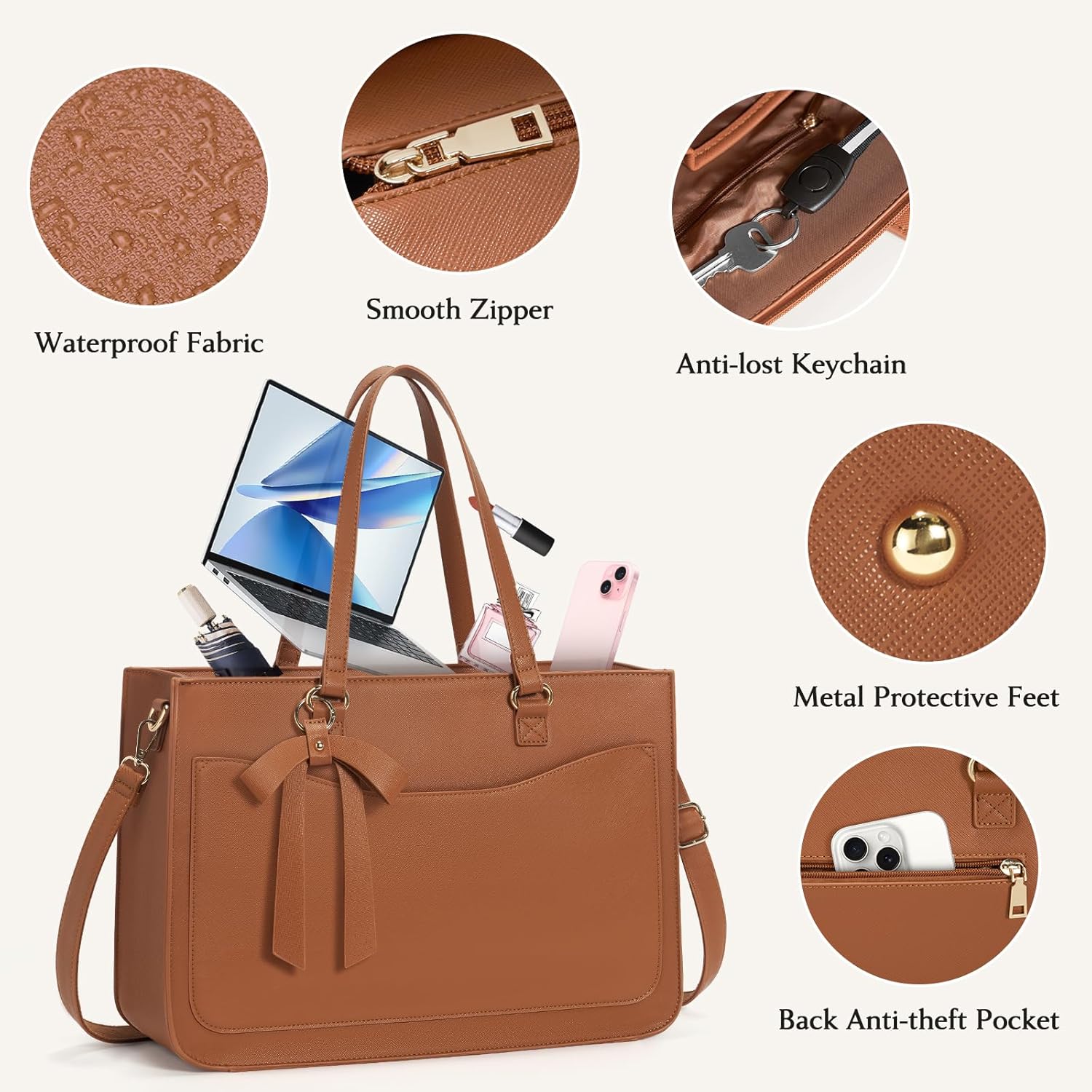 RAINSMORE Laptop Bag for Women 15.6 Inch Work Tote Bags Leather Laptop Tote Waterproof Computer Bag Professional Office Business Briefcase Large Handbag for College Teacher Travel, Brown - Image 4