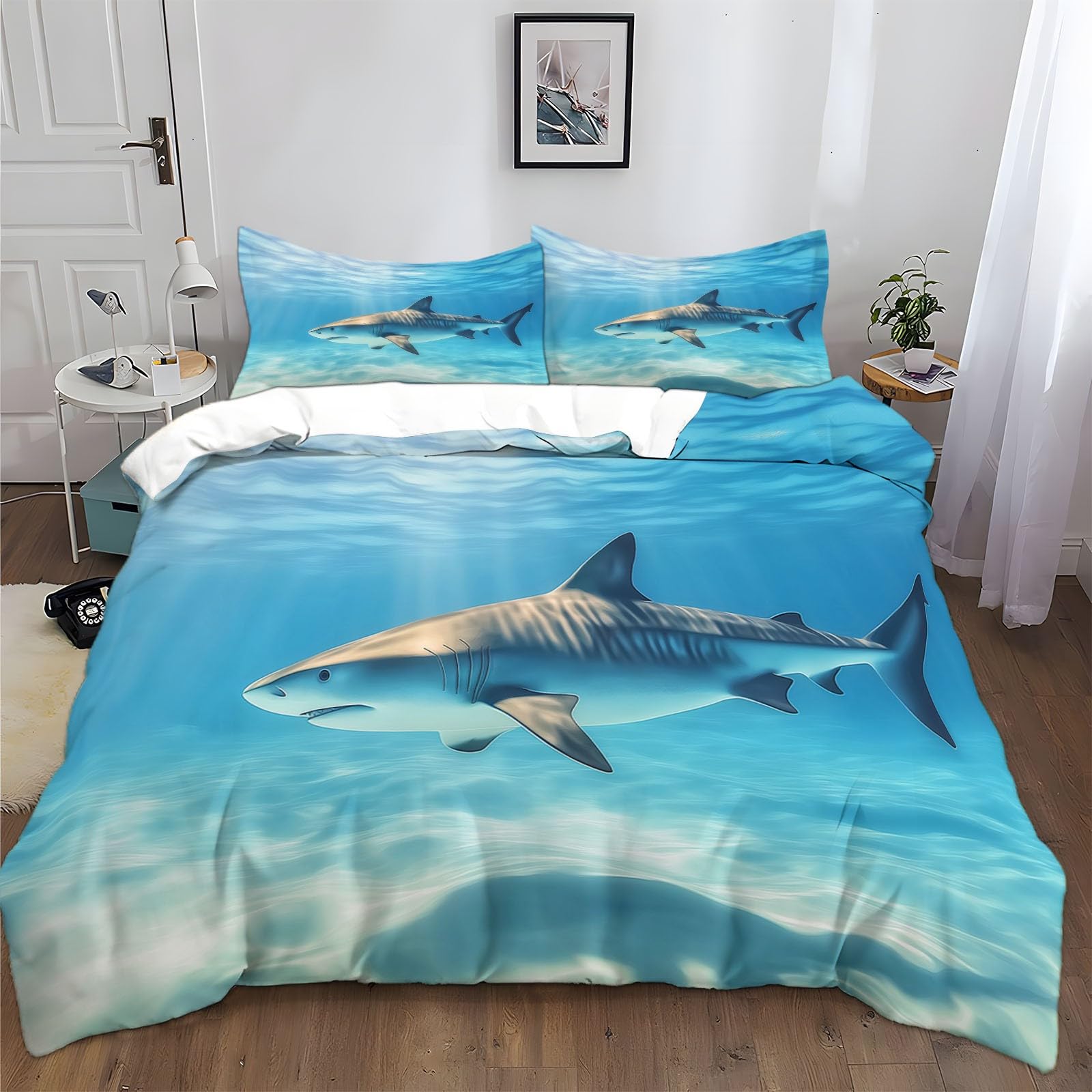 Bettwäsche 155x220 cm Unterwasser-Tigerhai Bettwäsche Set für Doppelbett mit Reißverschluss und 2 Kissenbezug 80x80 cm, Bettbezug Set 3 Teilig Bettdeckenbezug