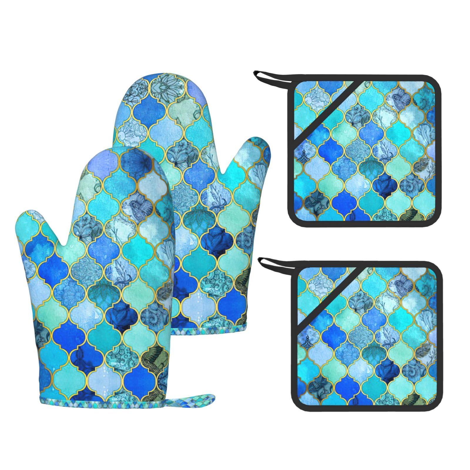 Eeprty Black Lattice Printed Kitchen Oven Gloves And Potholder 4 Pcs, Non-Slip Heat Resistant Mitts For Baking Chef
