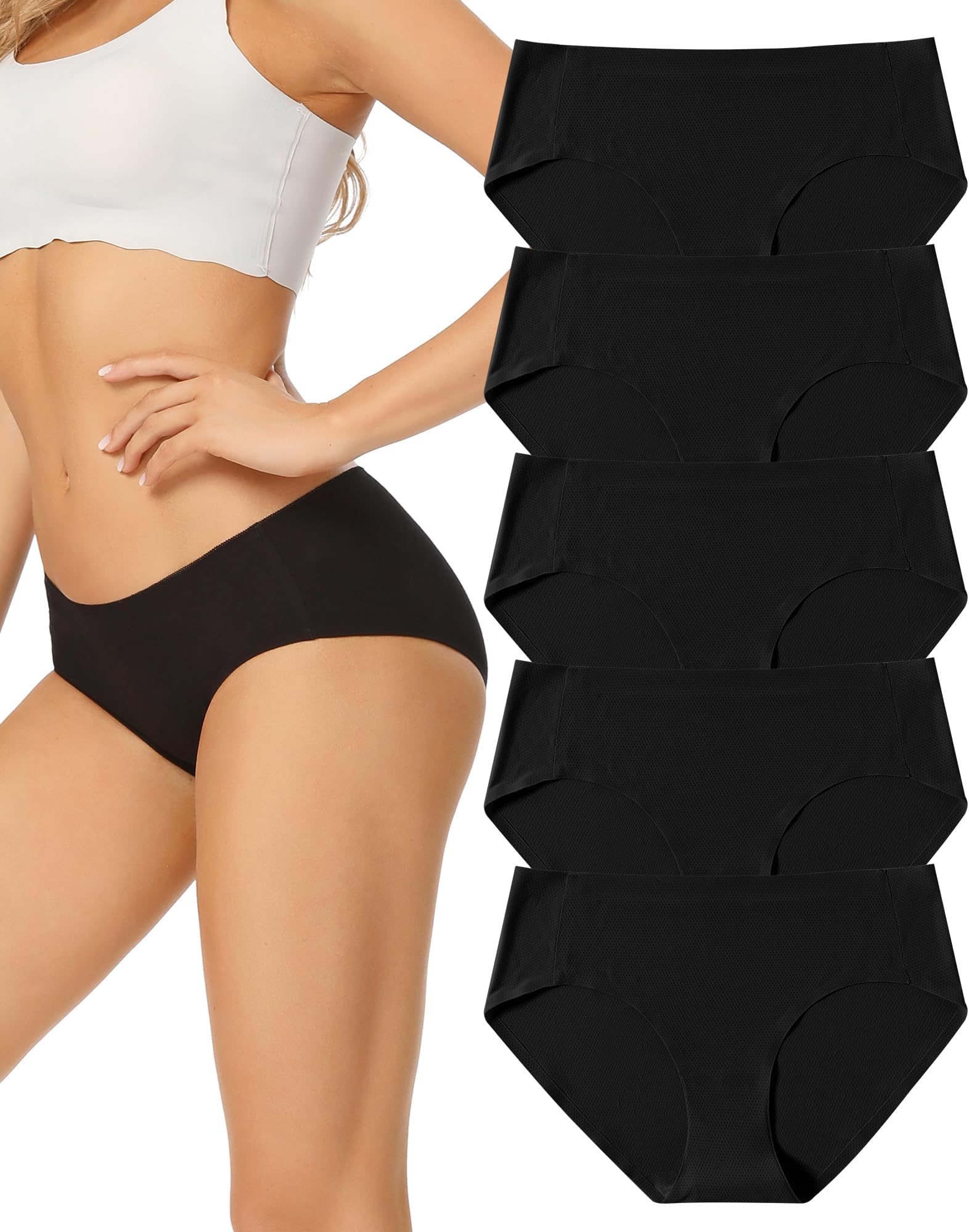 VOENXEWomen's Seamless Hipster Panties Stretch Breathable No Show Bikini Underwear Pack of 5