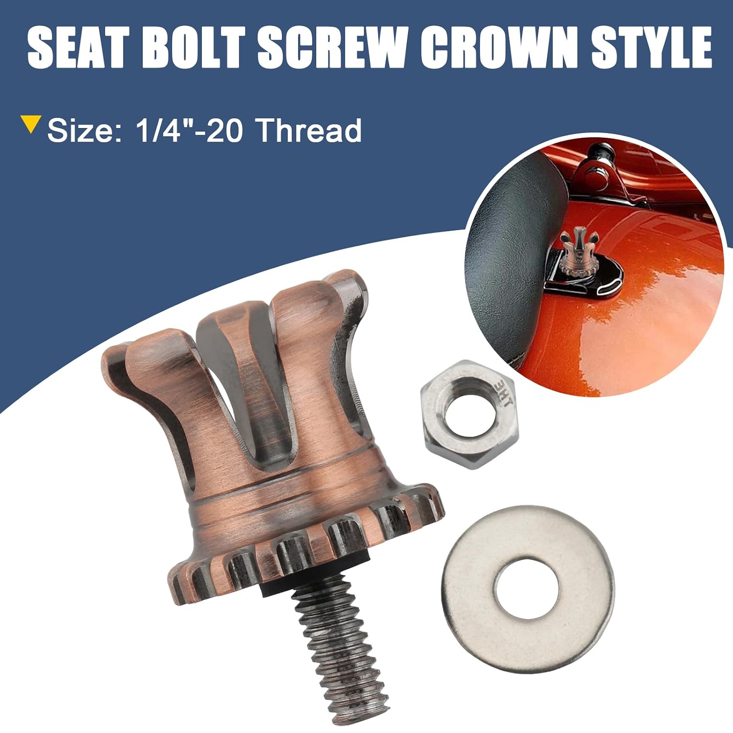 Seat Bolt Screw 1/4"-20 Thread King Crown Style Fit for Harley 1996-2024 Touring Road King Road Glide Ultra Glide Street Glide Softail Dyna Wide Glide Street Bob Fat bob Sportster 883 XL XR (Bronze)